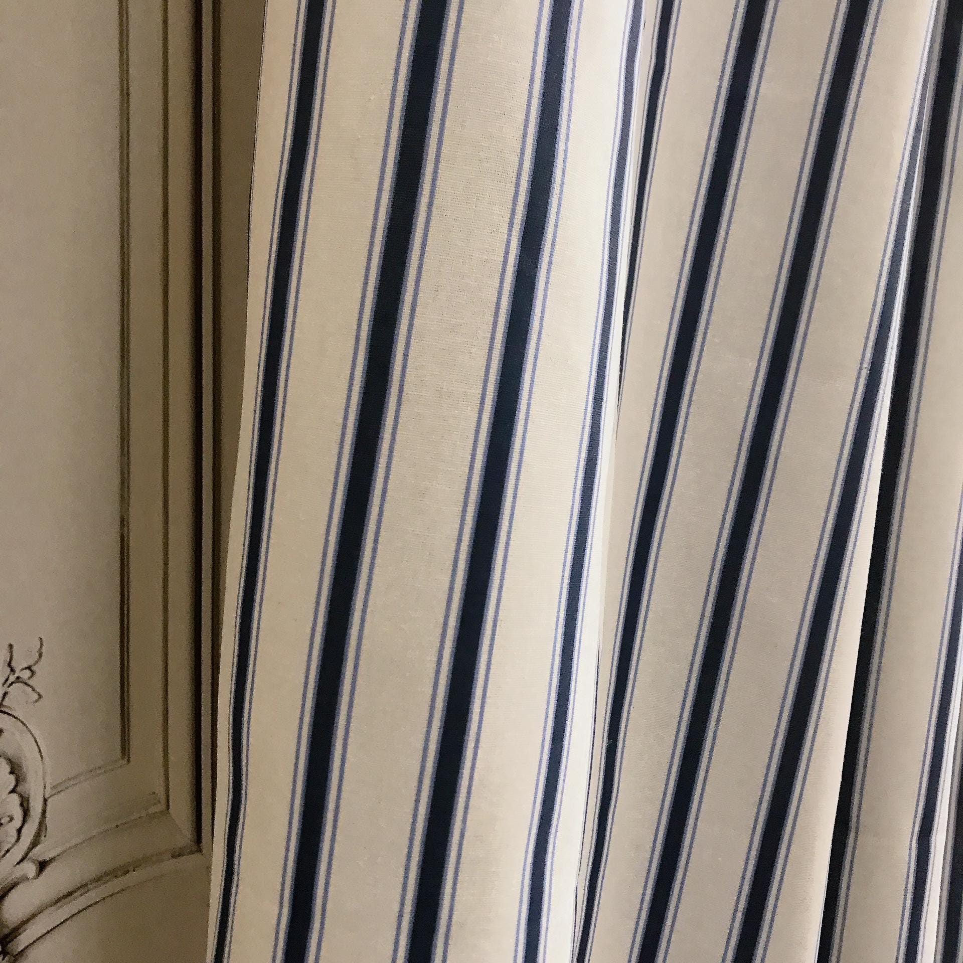 Deep Indigo Blue Stripe Linen Curtain on White