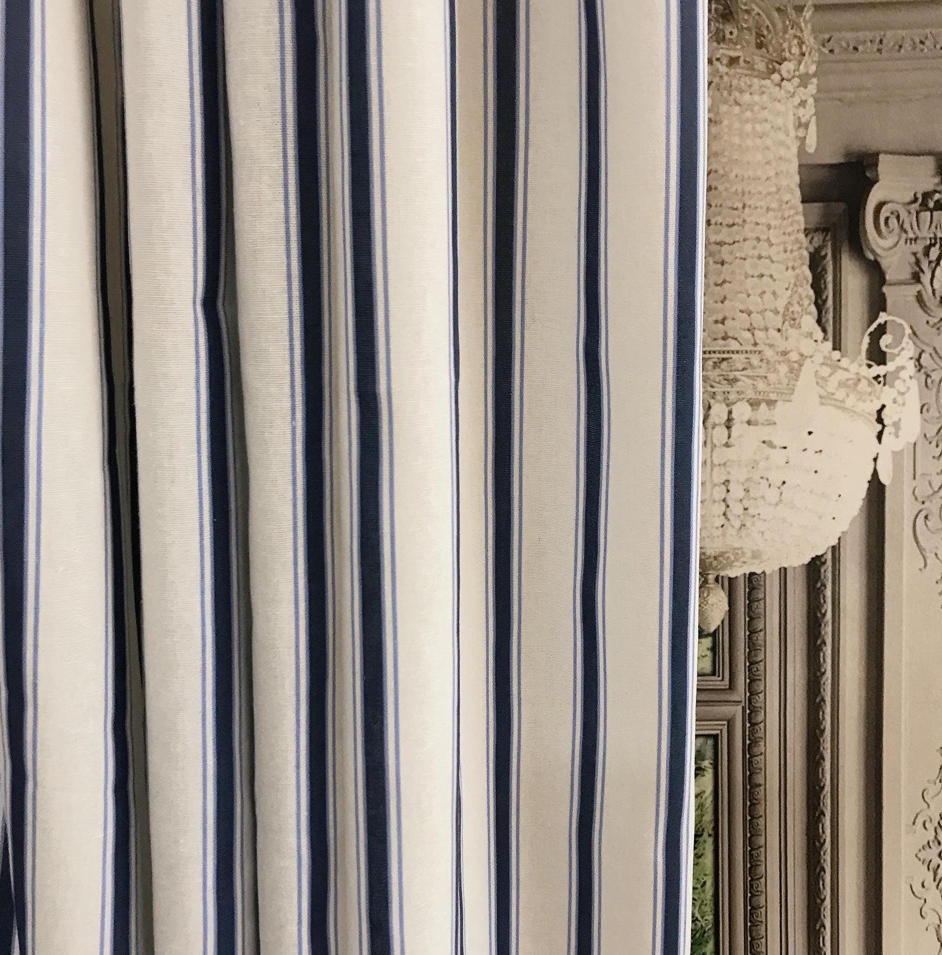 Deep Indigo Blue Stripe Linen Curtain on White