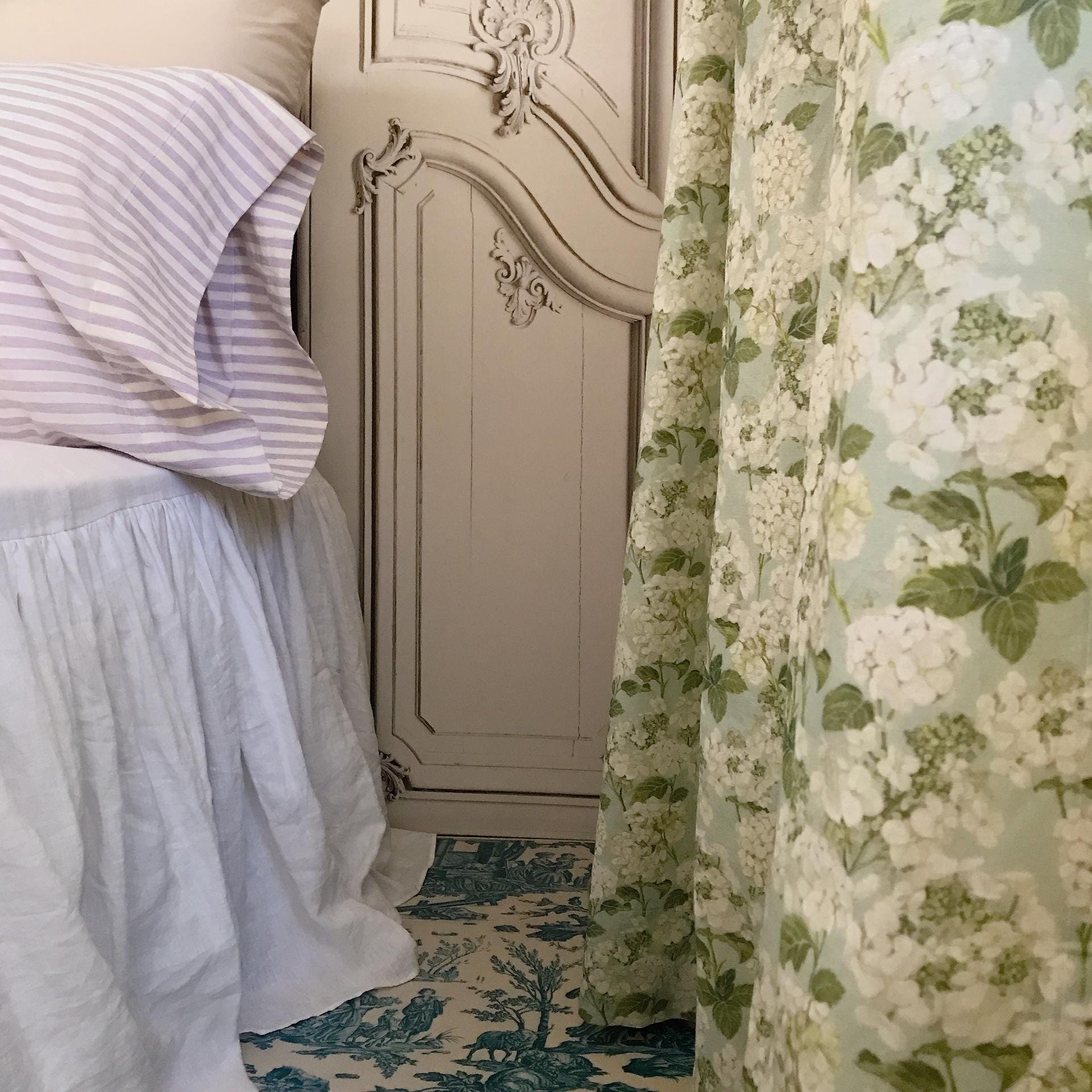 Light Grey Hydrangea Curtain on Soft Aqua