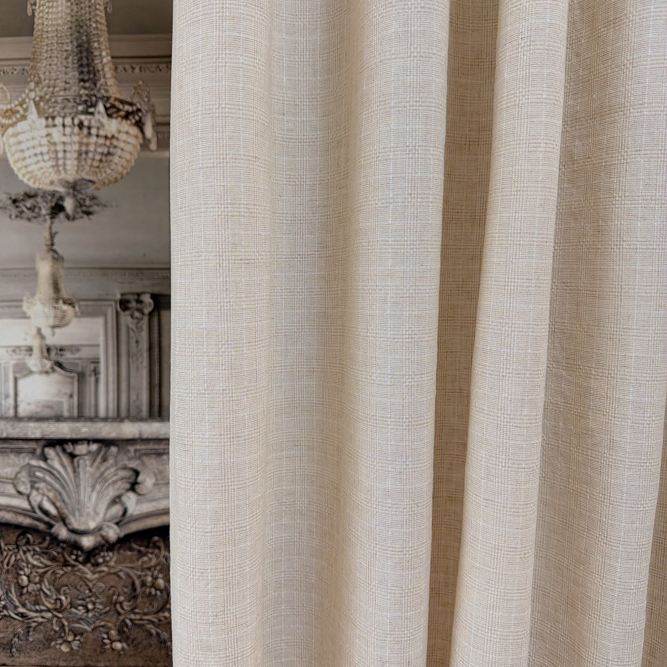Natural Beige Subtle Grid Textured Linen Blend Curtains