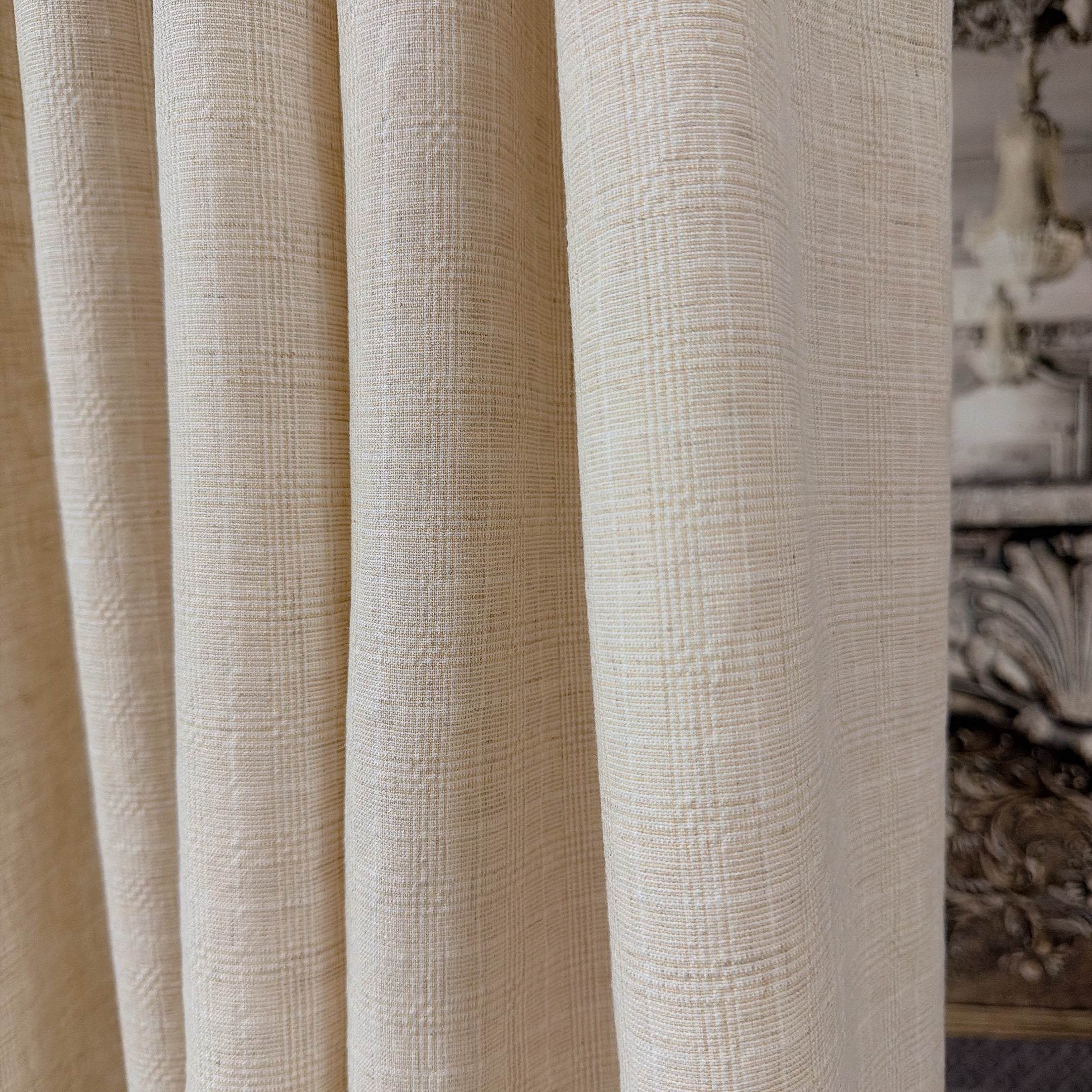Natural Beige Subtle Grid Textured Linen Blend Curtains