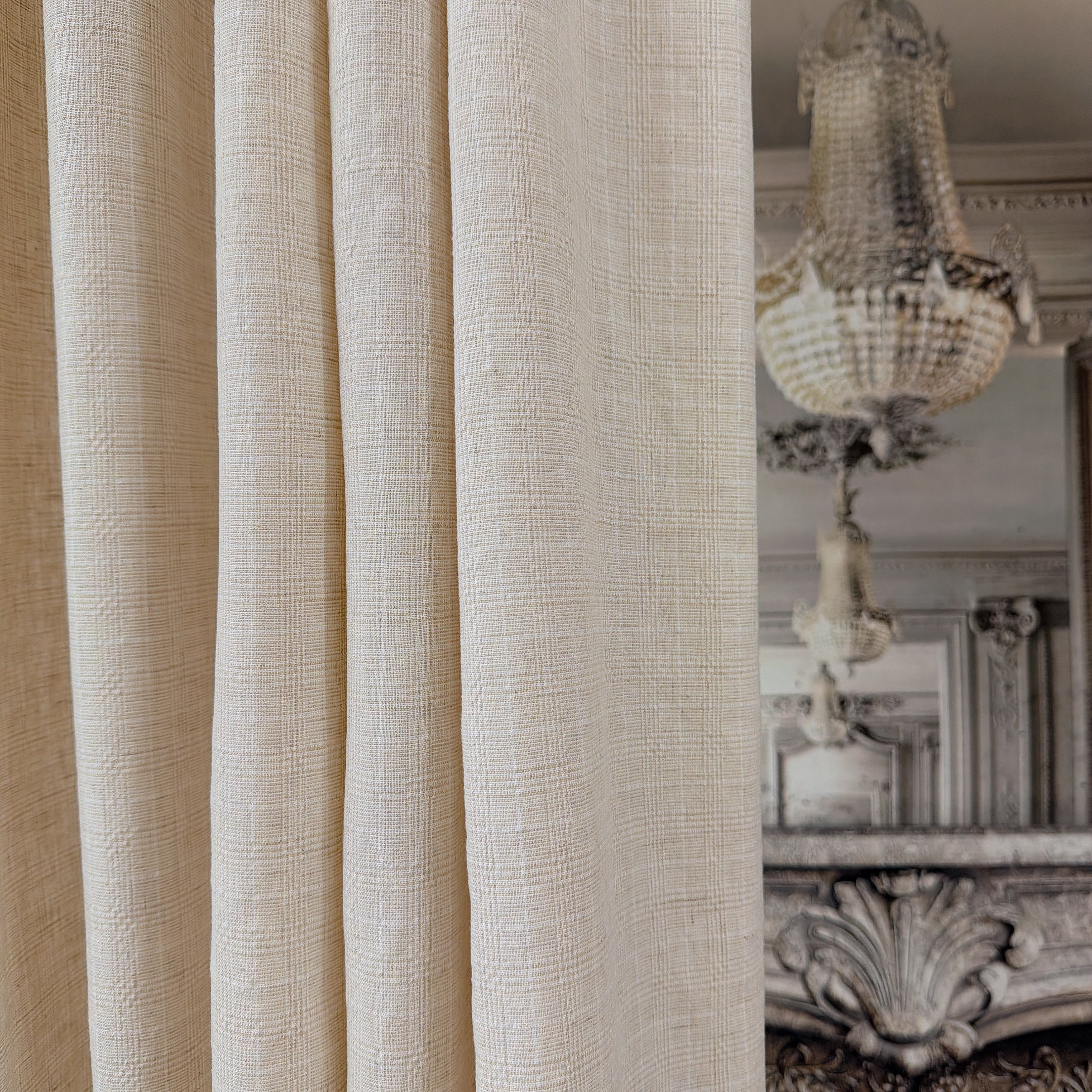 Natural Beige Subtle Grid Textured Linen Blend Curtains