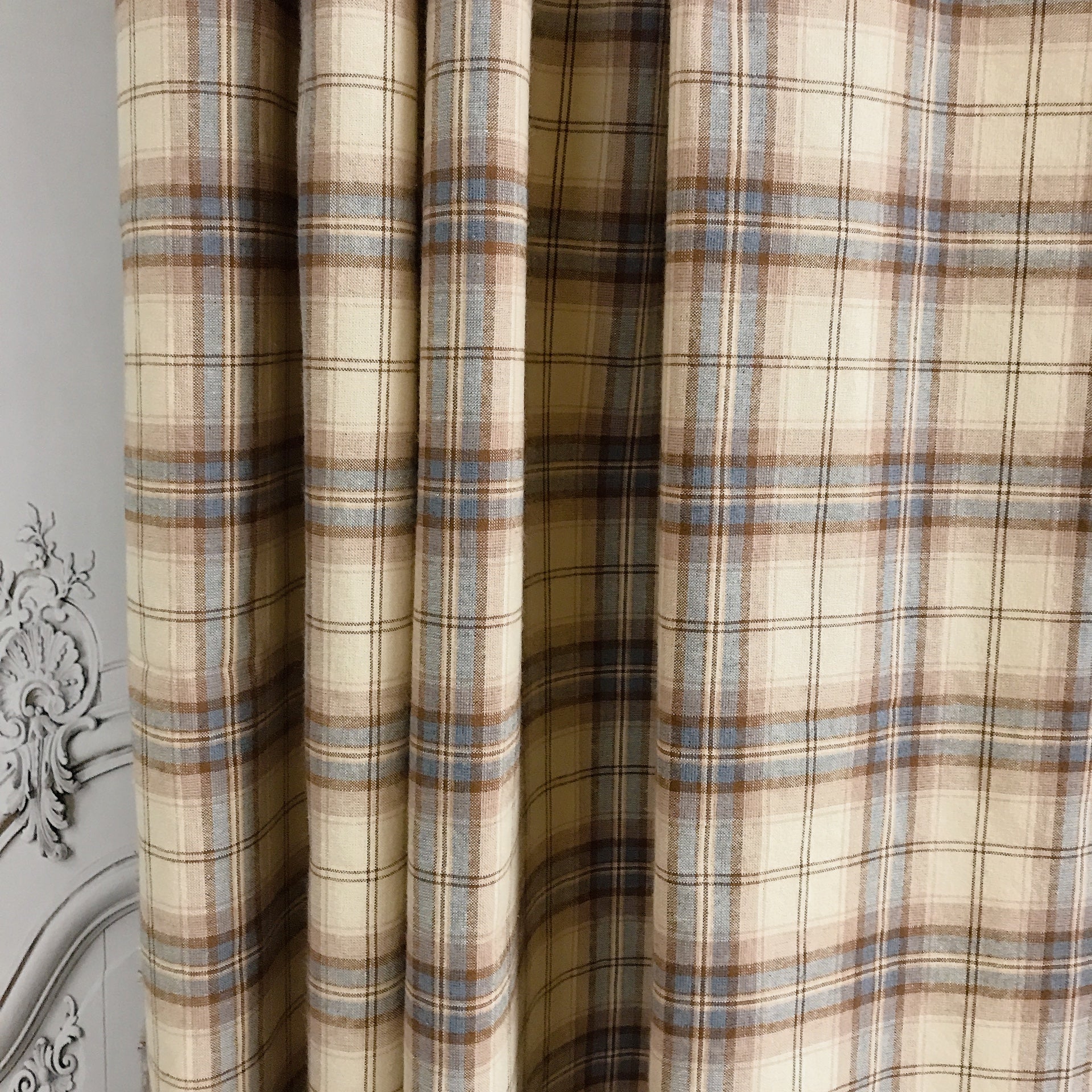 Deep Mocha Brown Blue Plaid Curtain