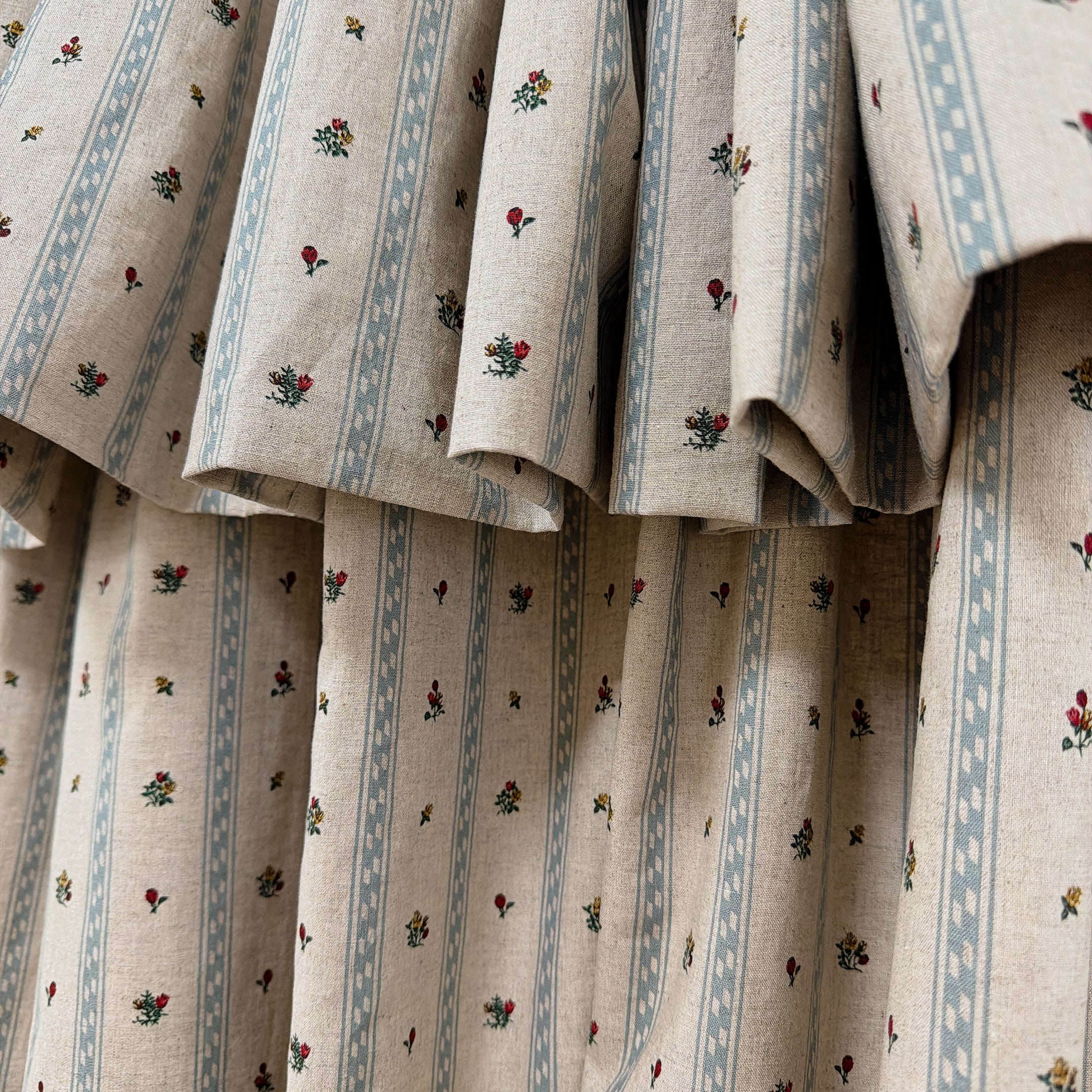 Grey Blue Stripe and Tiny Floral Curtain on Natural Beige