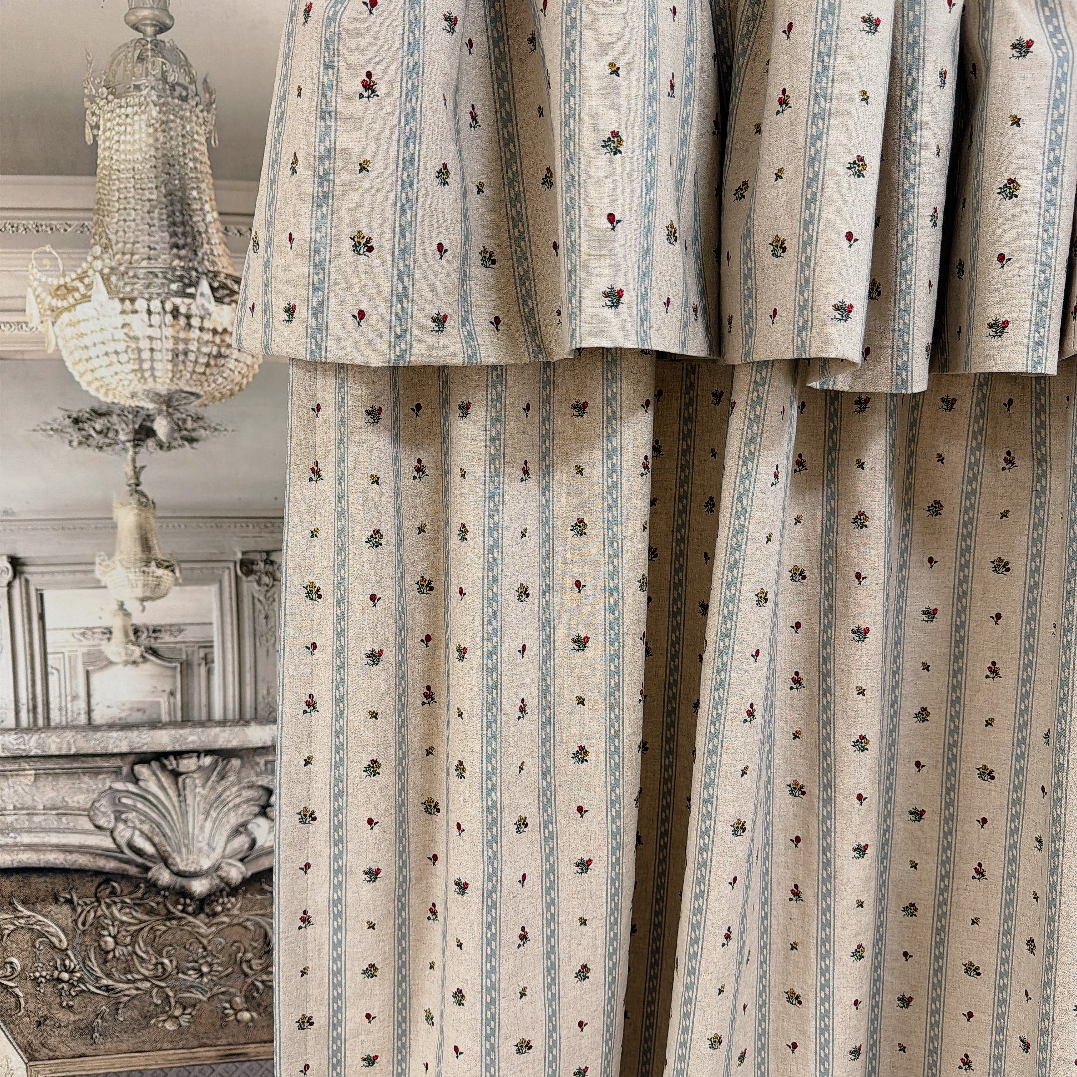 Grey Blue Stripe and Tiny Floral Curtain on Natural Beige