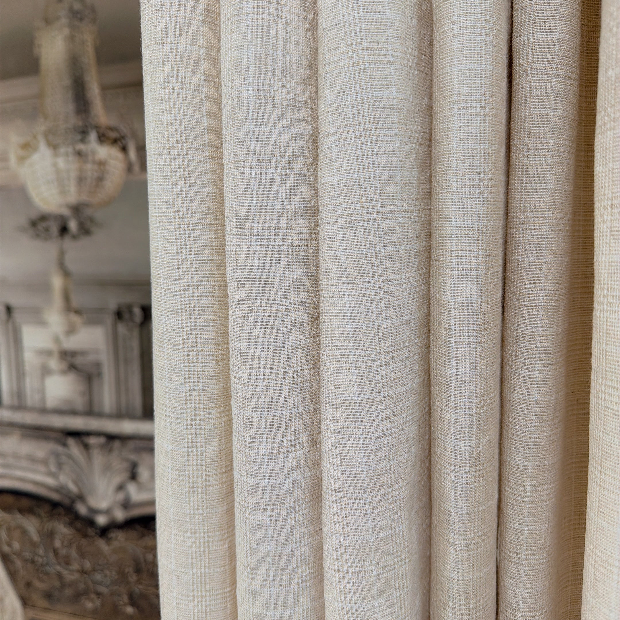 Natural Beige Subtle Grid Textured Linen Blend Curtains