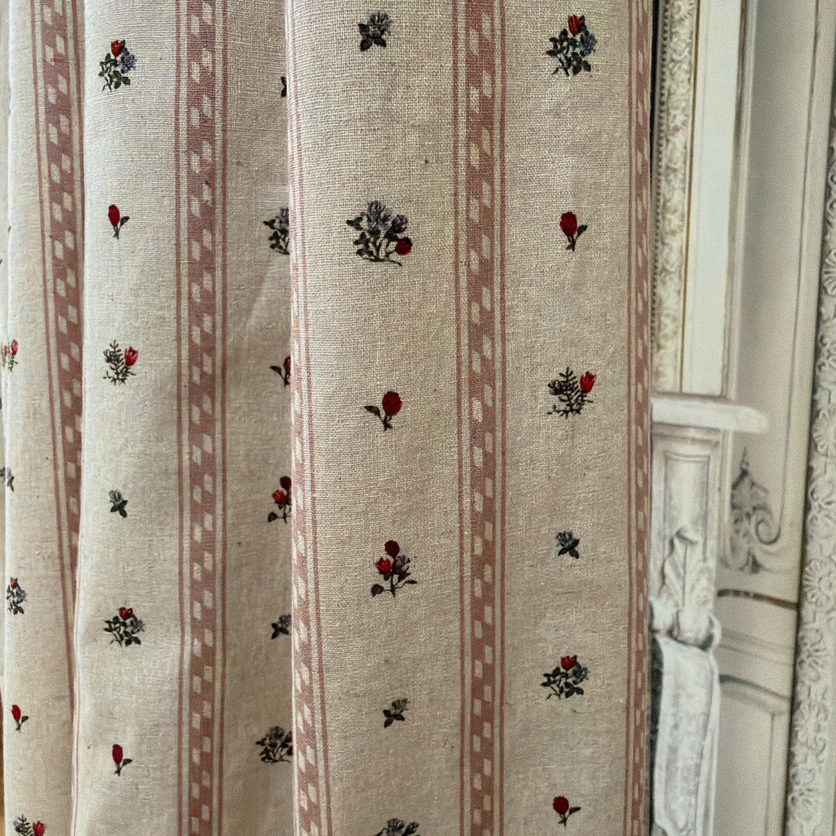 Dusty Pink Stripe and Tiny Floral Curtain on Natural Beige