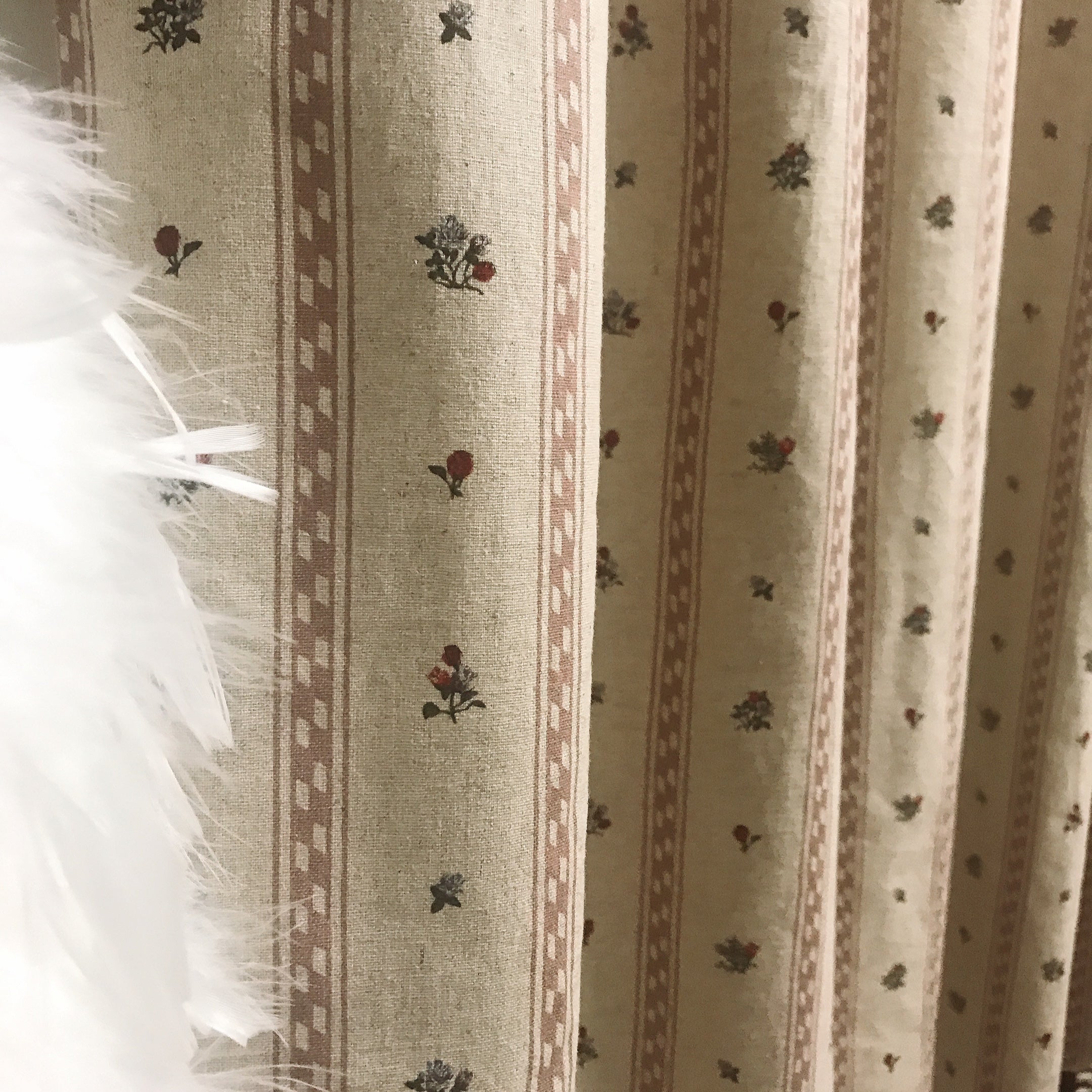 Dusty Pink Stripe and Tiny Floral Curtain on Natural Beige