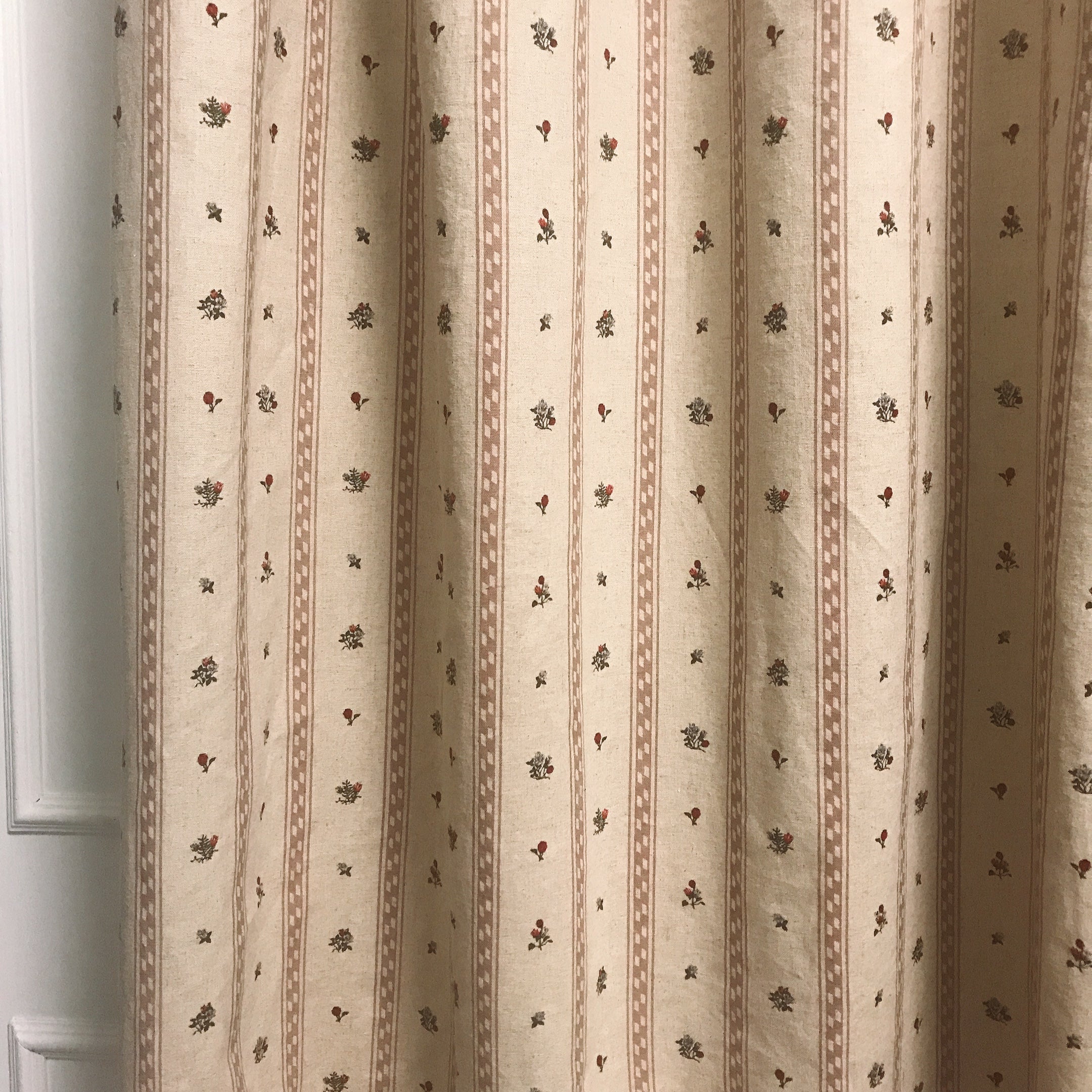 Dusty Pink Stripe and Tiny Floral Curtain on Natural Beige