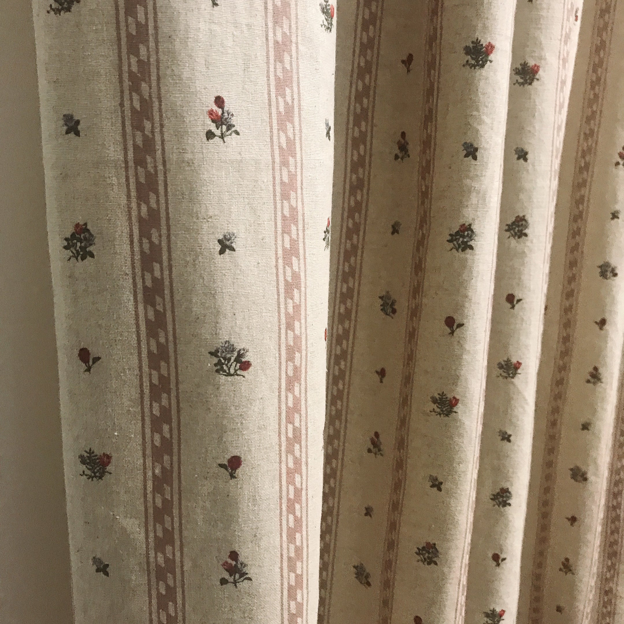 Dusty Pink Stripe and Tiny Floral Curtain on Natural Beige
