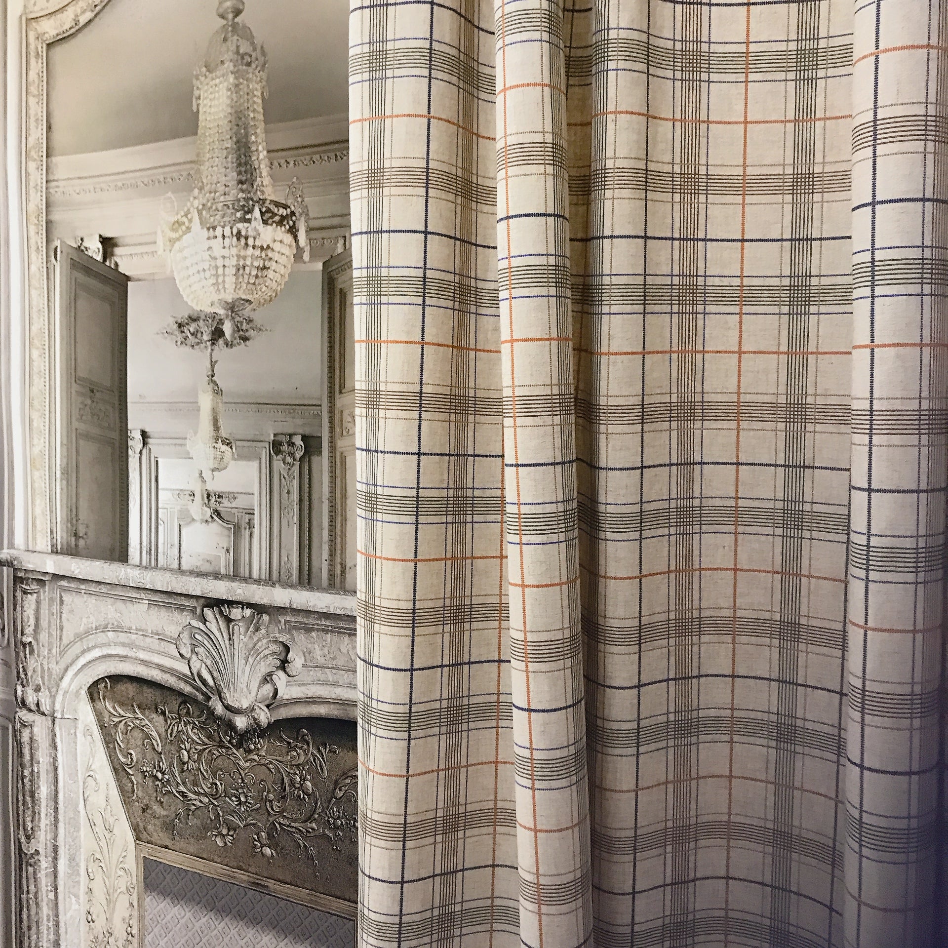 Plaid Curtains in Orange Brown Indigo Blue on Natural Beige