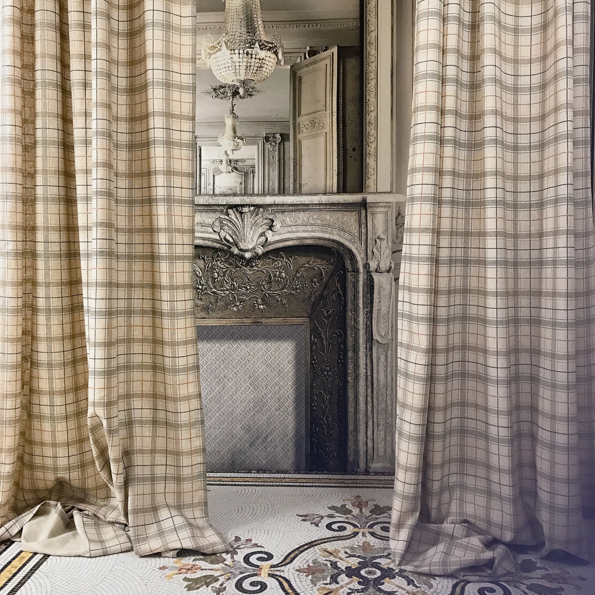 Plaid Curtains in Orange Brown Indigo Blue on Natural Beige