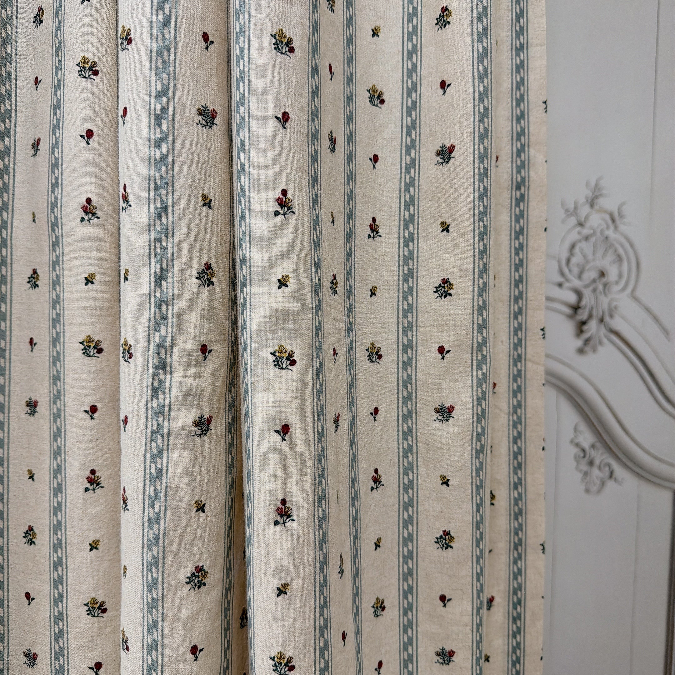 Grey Blue Stripe and Tiny Floral Curtain on Natural Beige