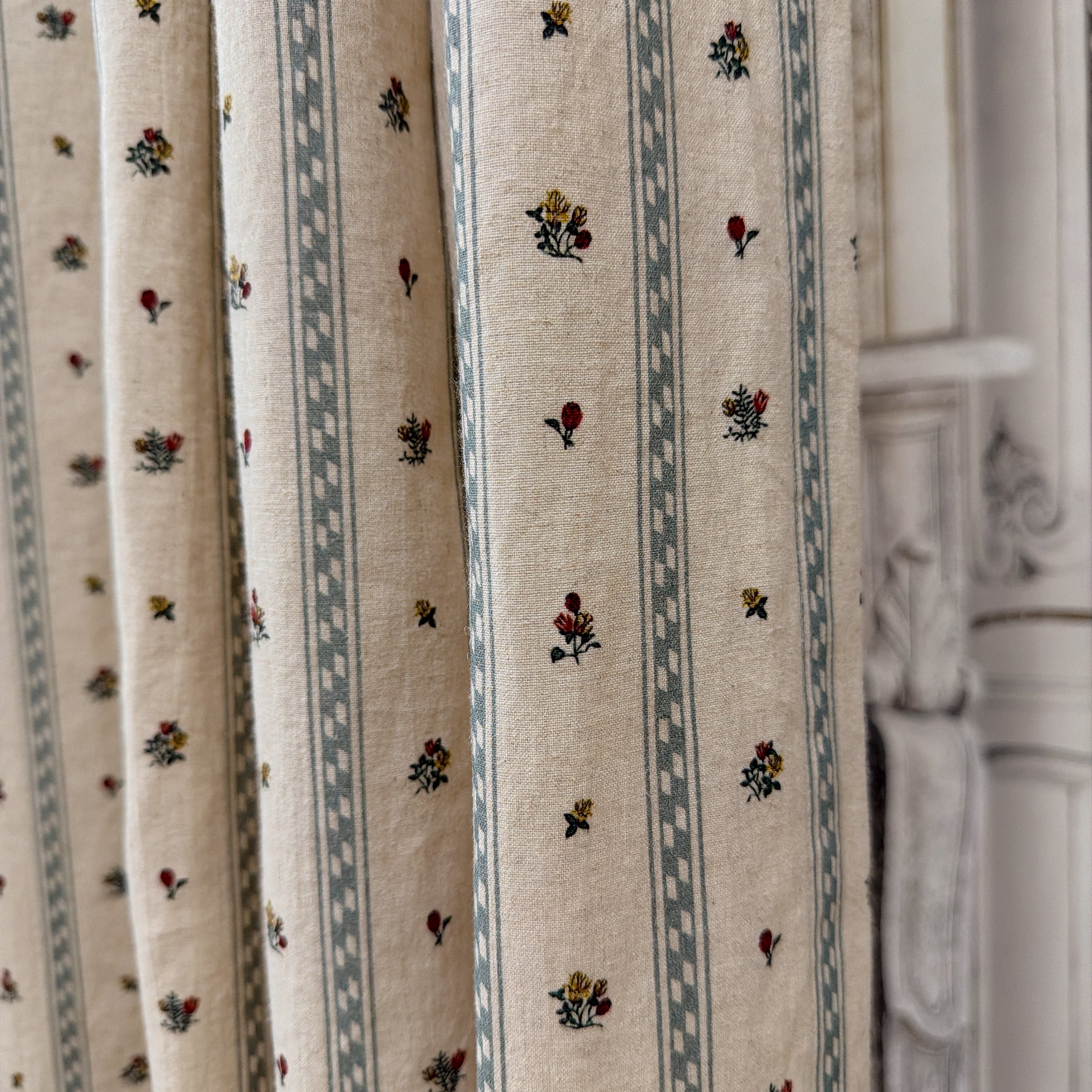 Grey Blue Stripe and Tiny Floral Curtain on Natural Beige