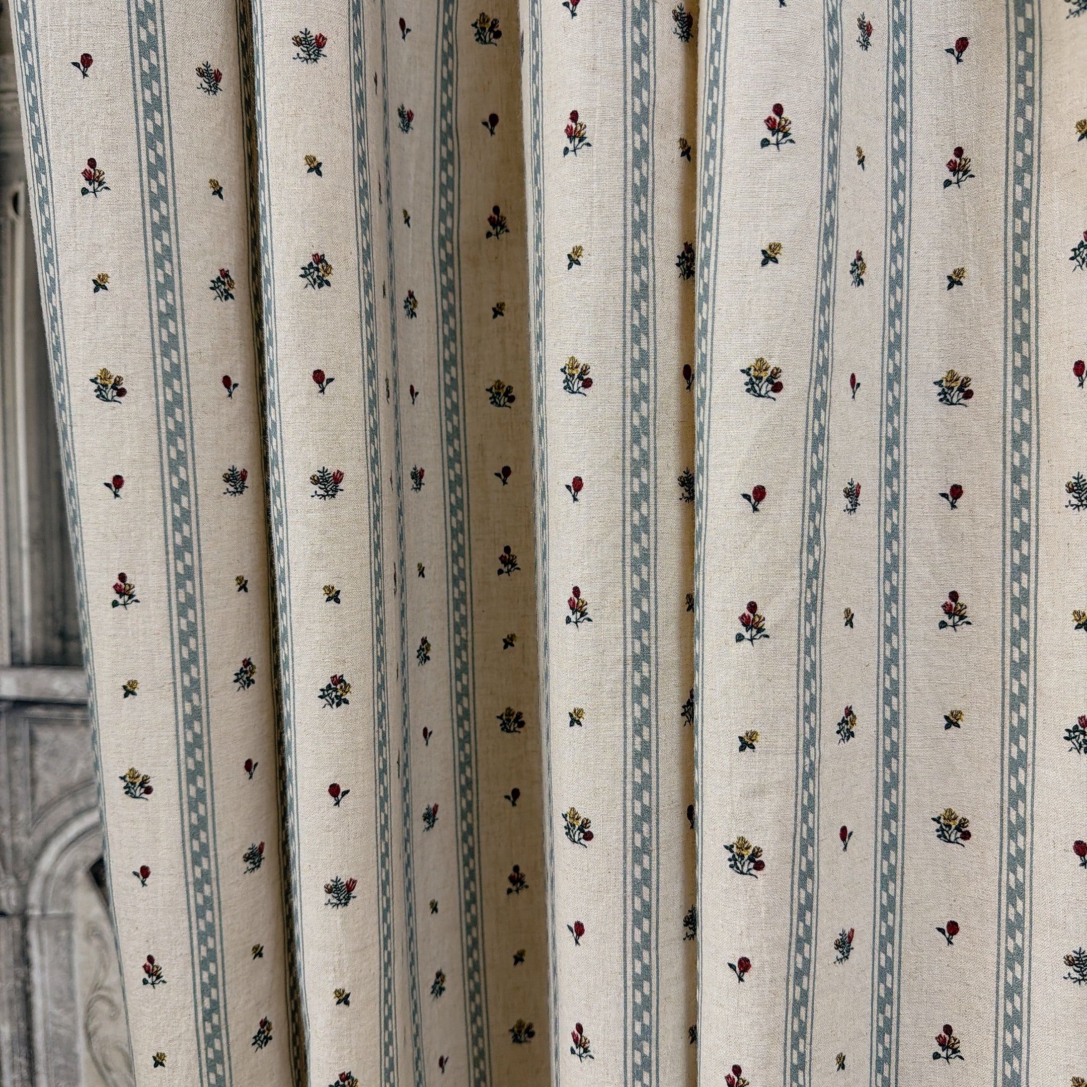 Grey Blue Stripe and Tiny Floral Curtain on Natural Beige
