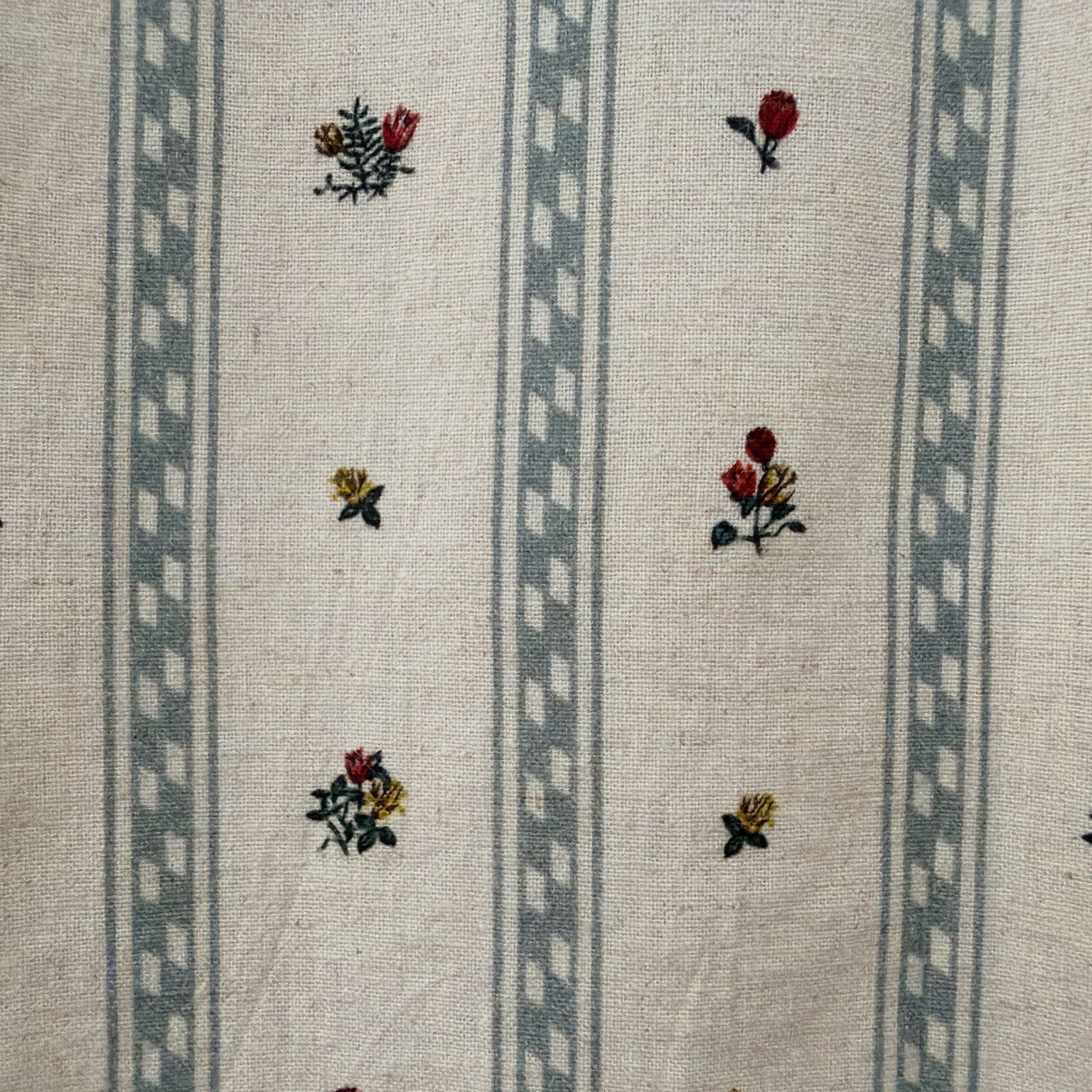 Grey Blue Stripe and Tiny Floral Curtain on Natural Beige