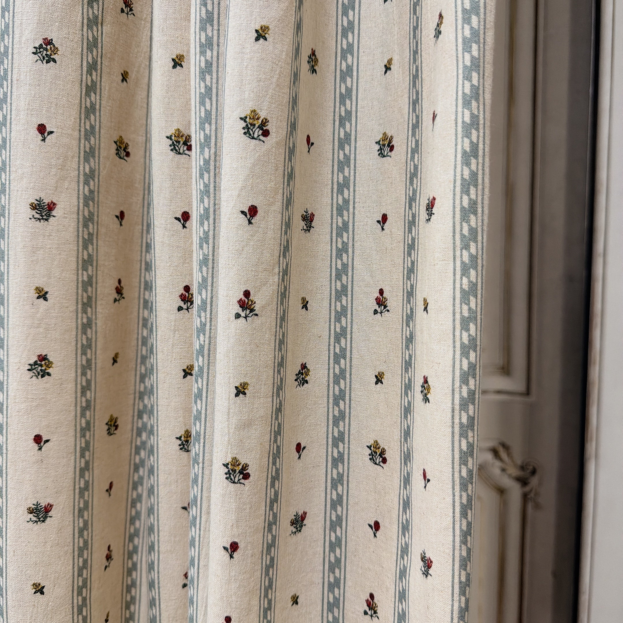 Grey Blue Stripe and Tiny Floral Curtain on Natural Beige
