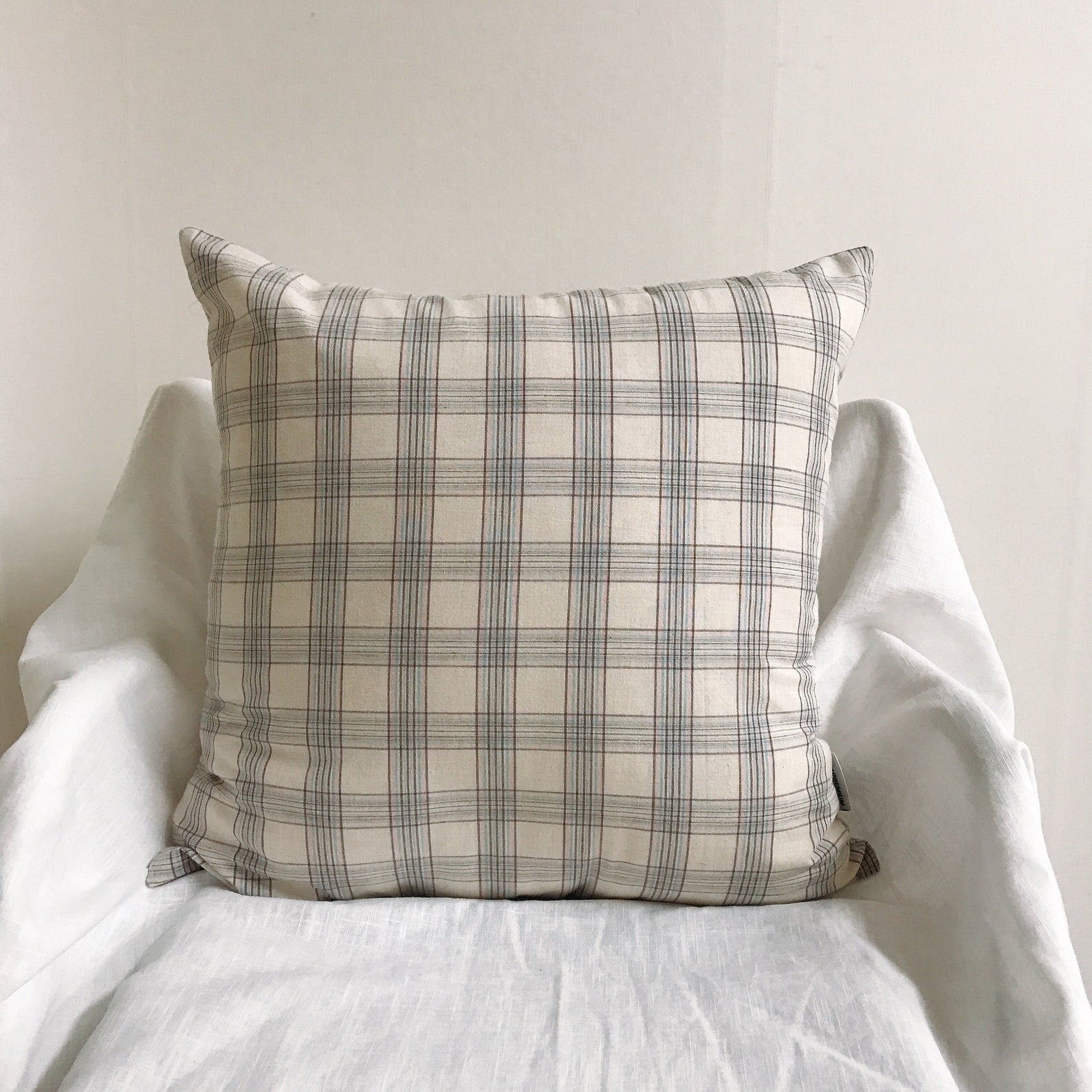 Brown Pink Mint Check Plaid Print Natural Beige Background Washed Cotton Decorative Square Cushion Pillow Cover 18 inches