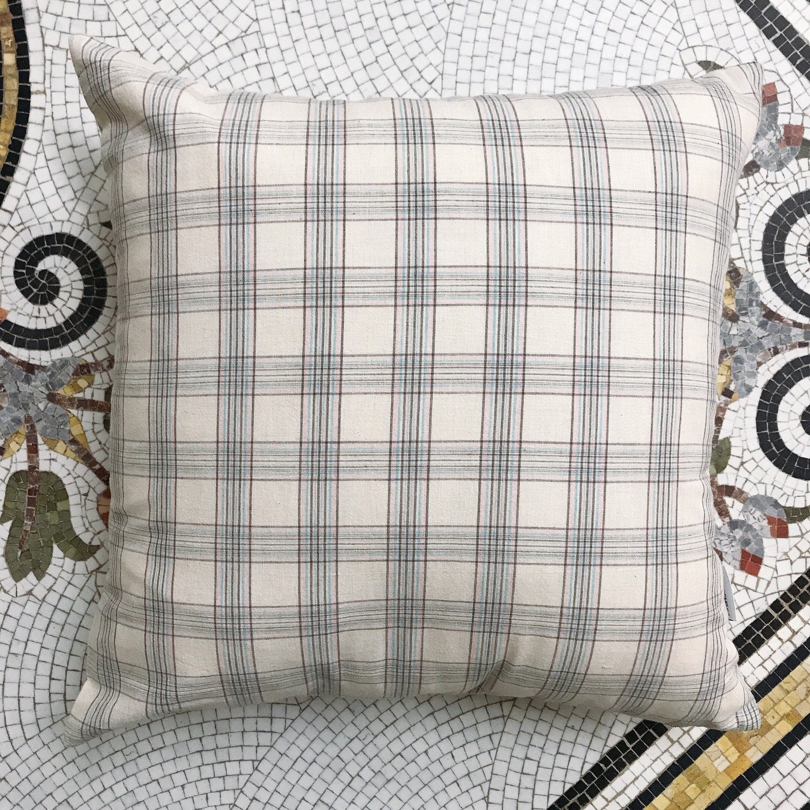 Brown Pink Mint Check Plaid Print Natural Beige Background Washed Cotton Decorative Square Cushion Pillow Cover 18 inches