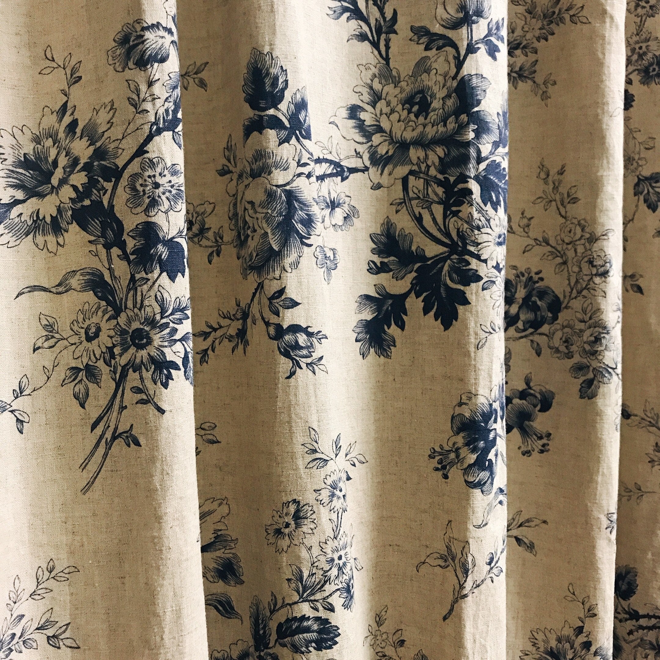 Navy Blue Floral Curtain on Natural Beige