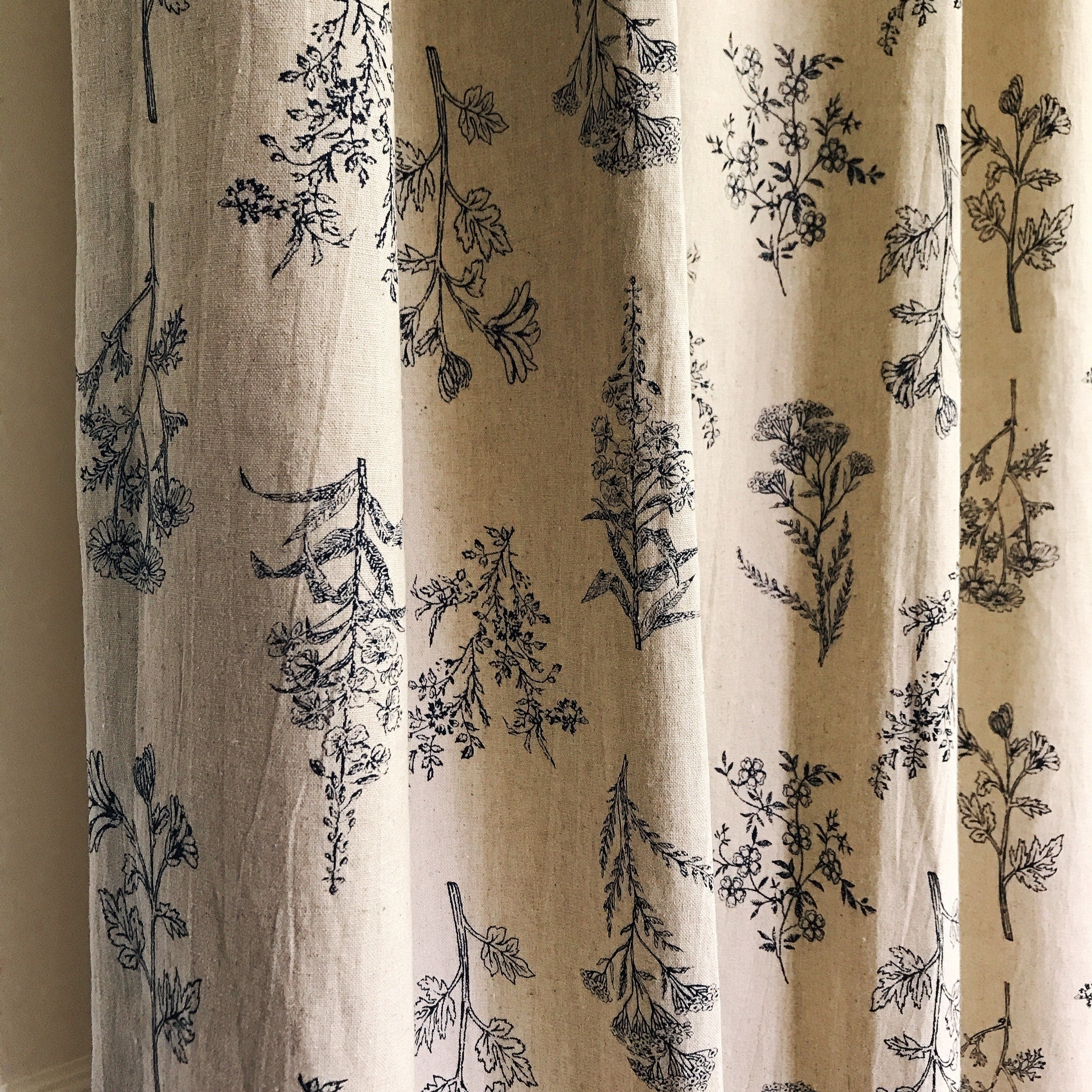 Navy Blue Botanical Curtain on Natural Beige