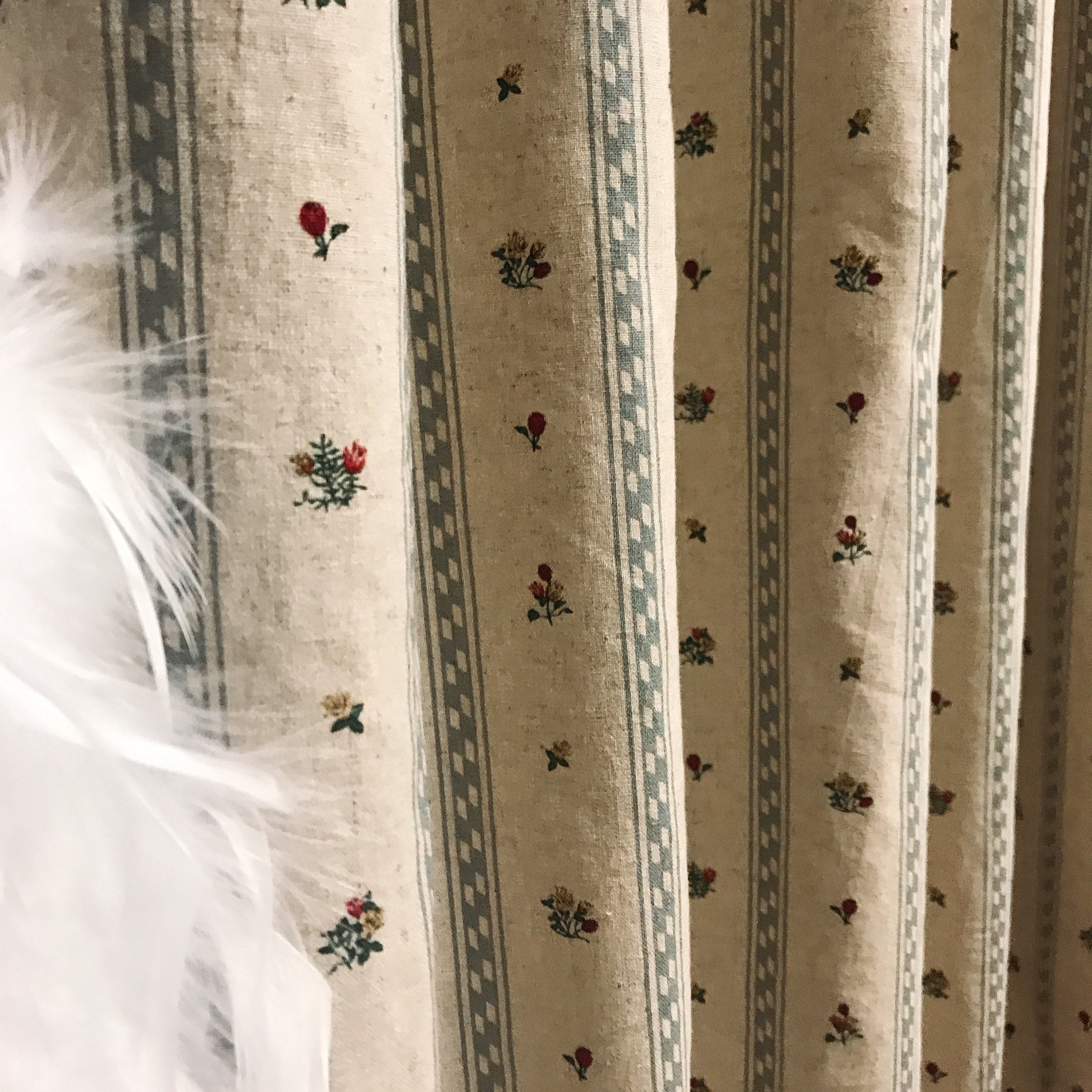 Grey Blue Stripe and Tiny Floral Curtain on Natural Beige