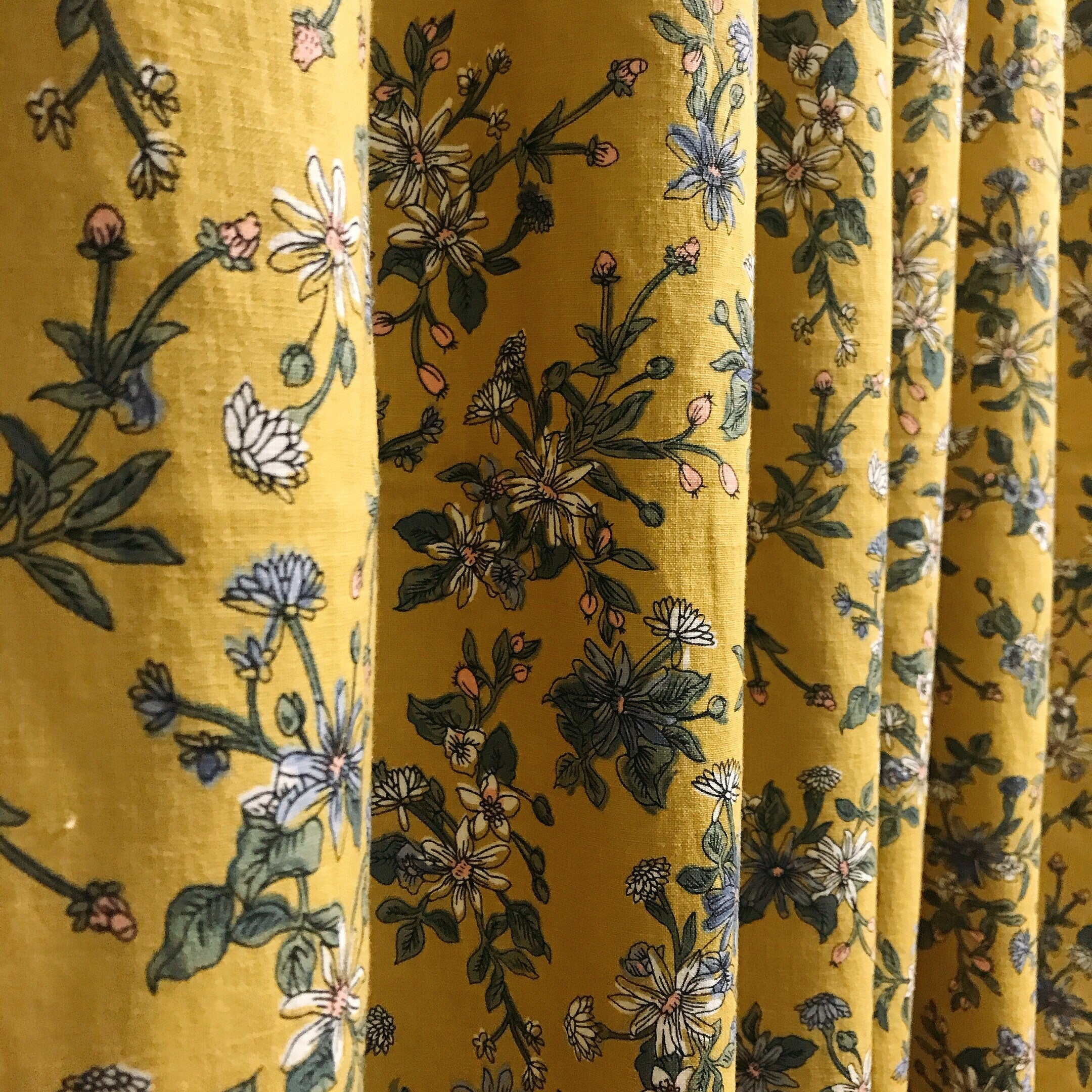 Hand-Drawn Floral Curtain in Multicolor on Mustard Yellow
