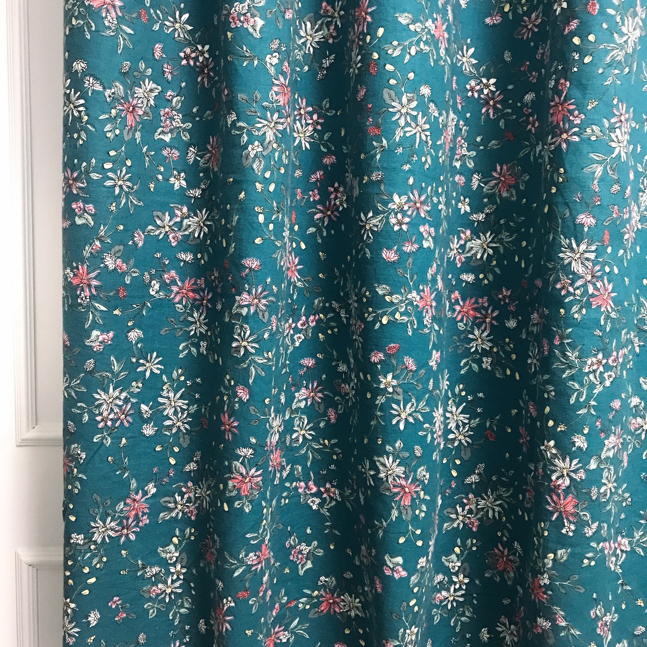 Multi-Color Floral Drawing Curtain on Teal