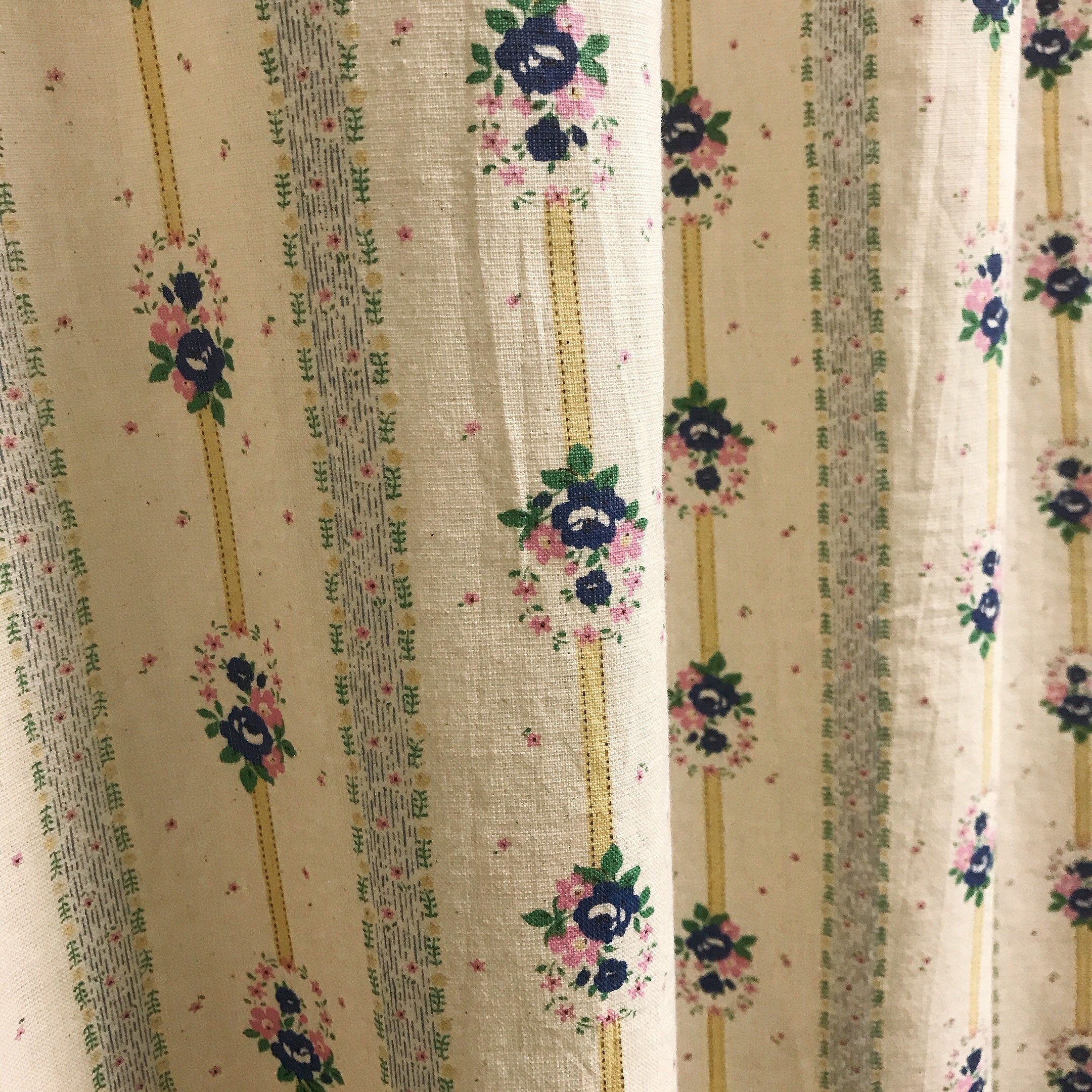 Blue and Yellow Striped Floral Curtain on Natural Beige