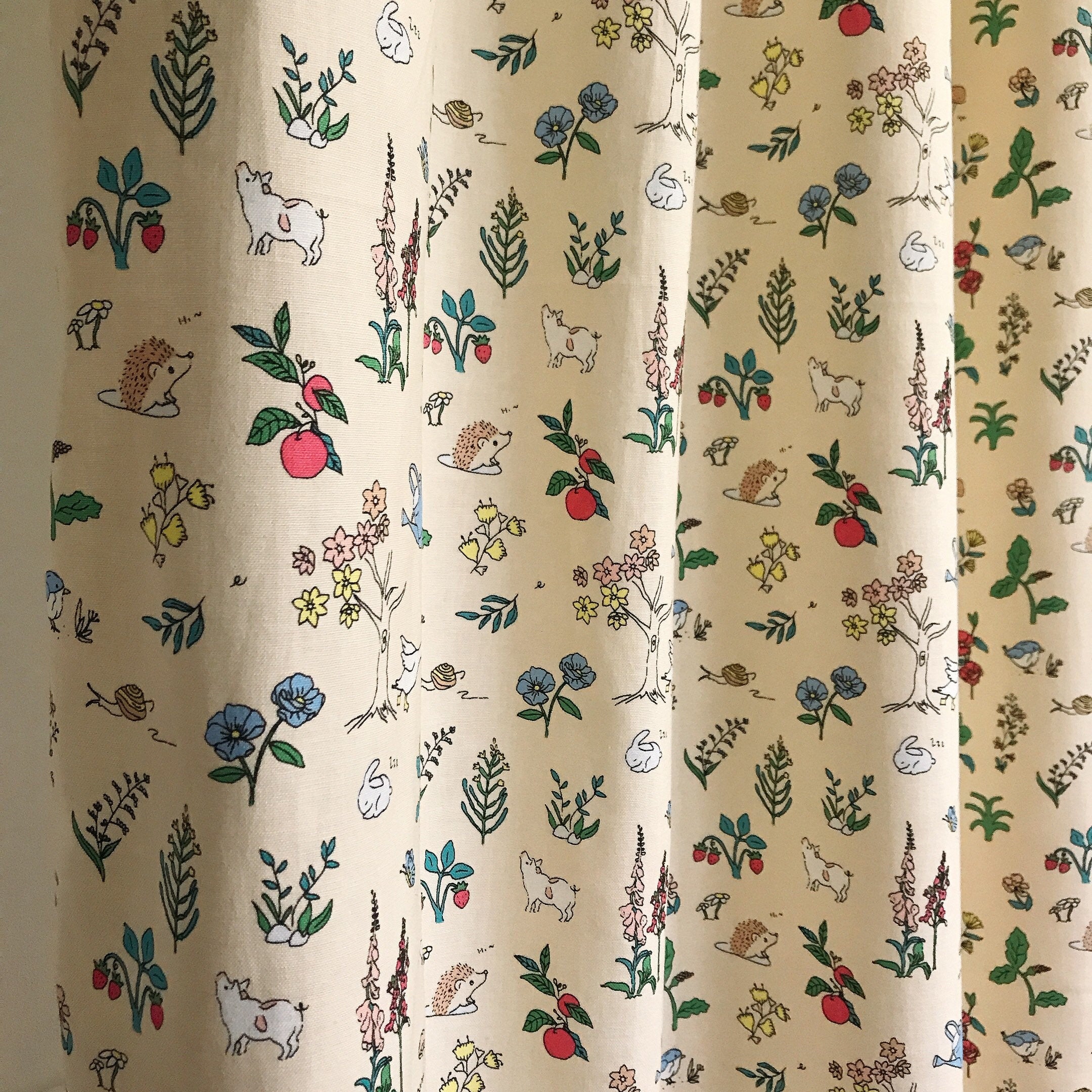 Whimsical Animal and Botanical Curtain on Yellow Beige