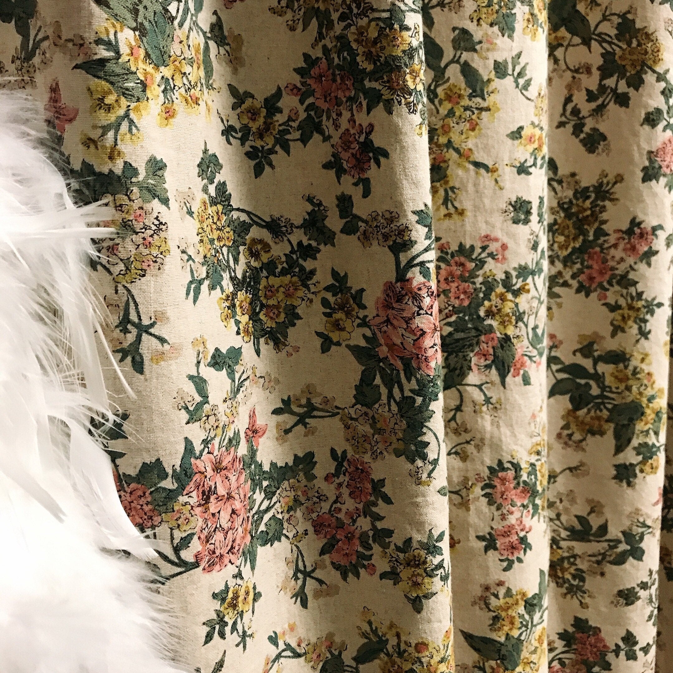 Pink and Yellow Floral Curtain on Natural Beige