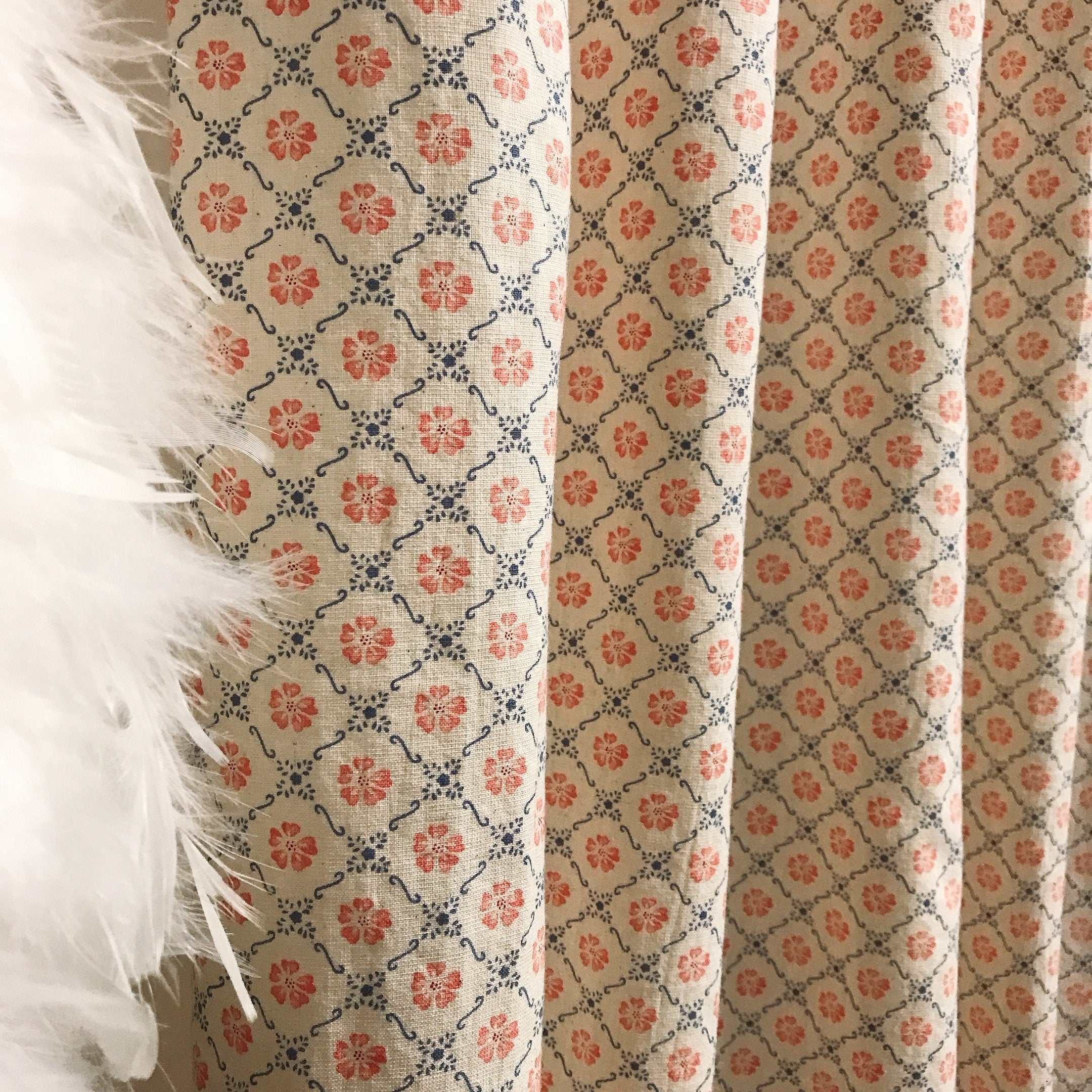 Retro Pink and Navy Blue Floral Curtain on Natural Beige