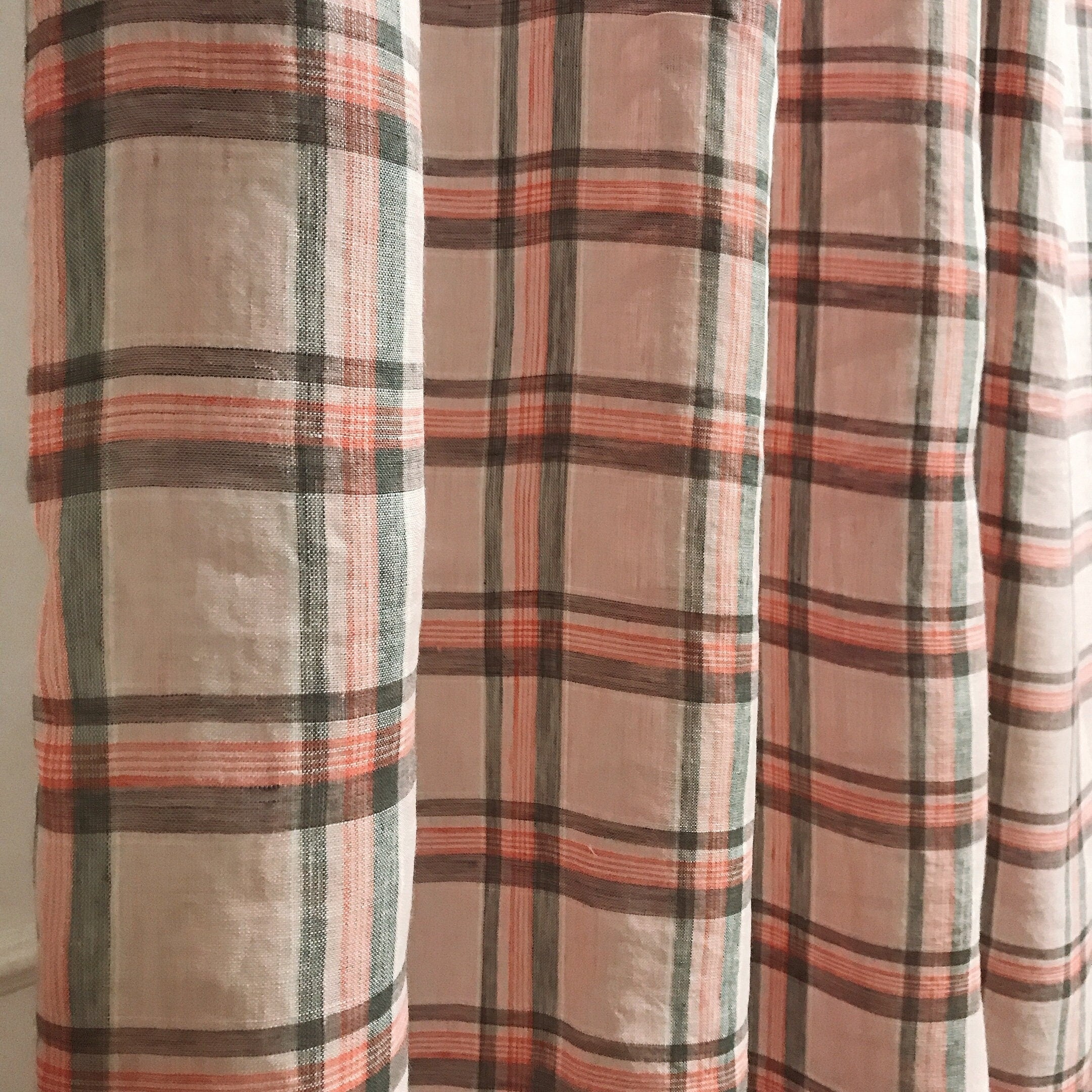 Light Pink Tartan Plaid Linen Curtain