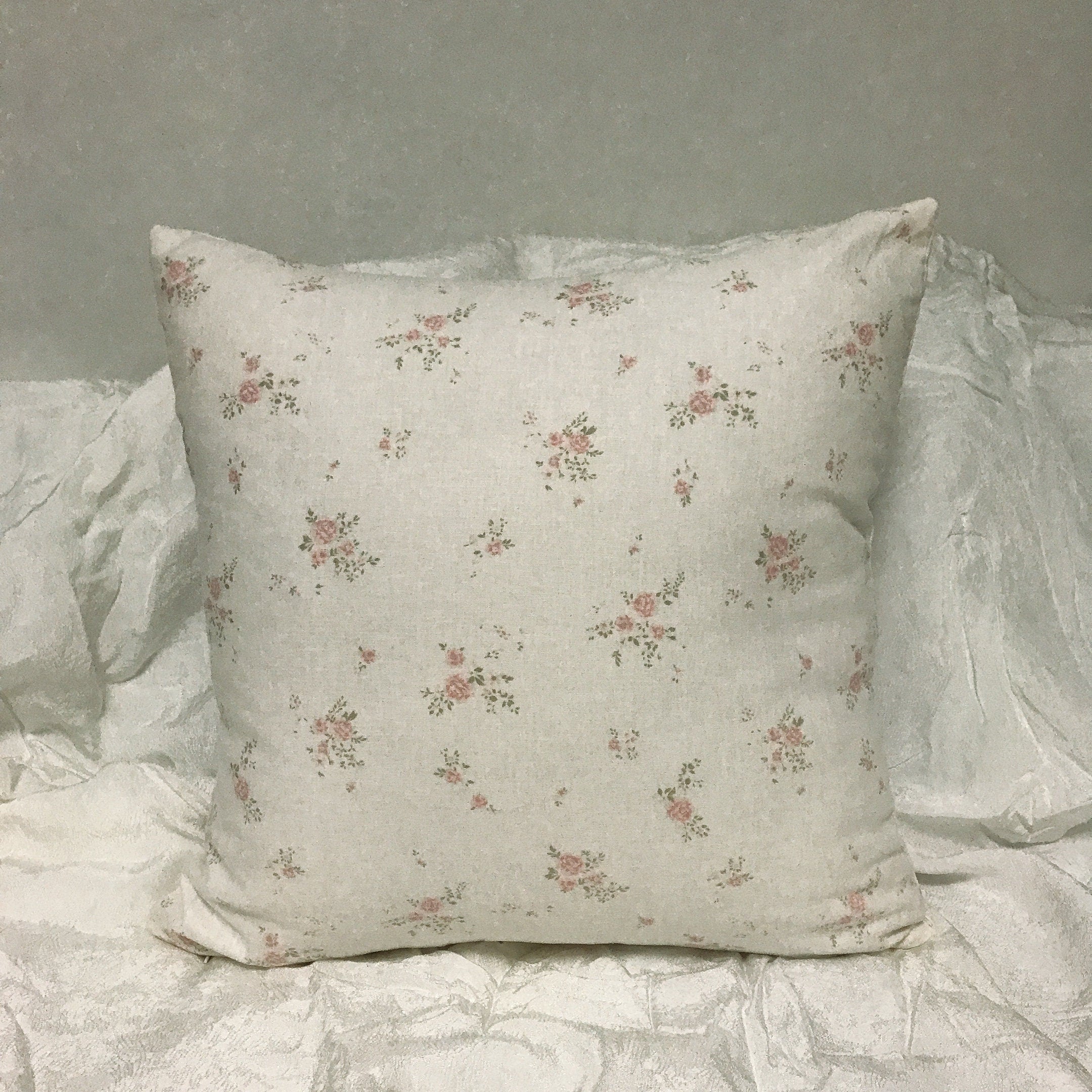 Pink Floral Pattern Ivory Background Washed Linen Cotton Decorative Square Cushion Cover 18 inches