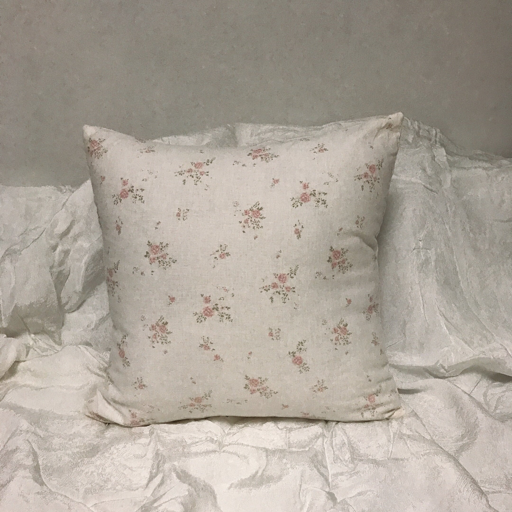 Pink Floral Pattern Ivory Background Washed Linen Cotton Decorative Square Cushion Cover 18 inches