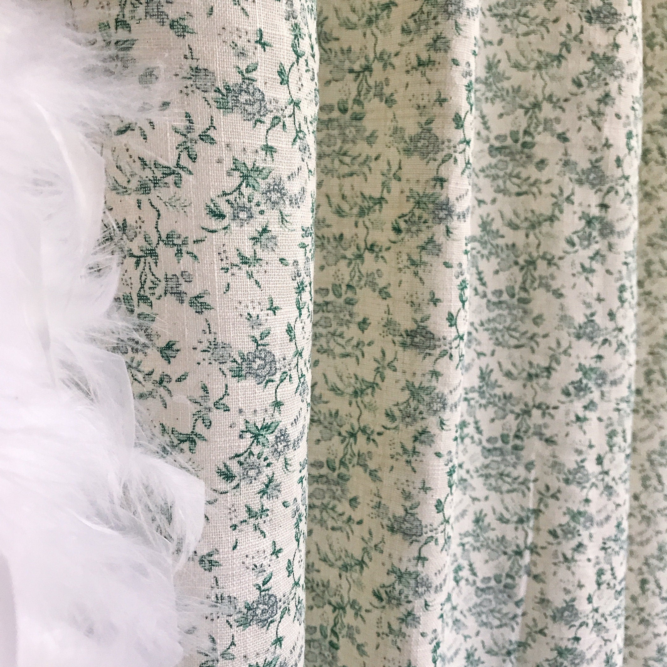 Green and Grey Botanical Curtain on Natural Beige