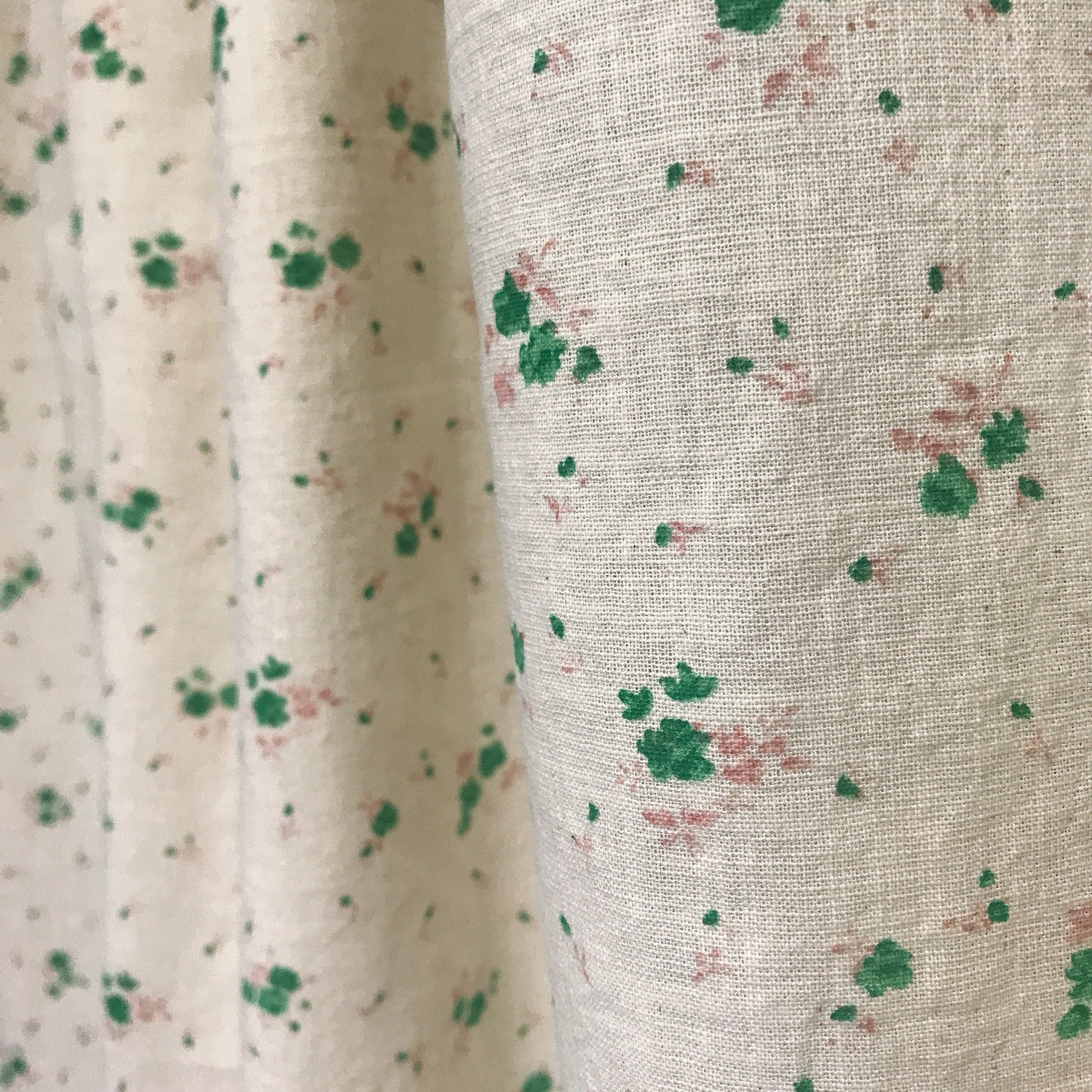 Green and Pink Tiny Floral Curtain on Natural Beige