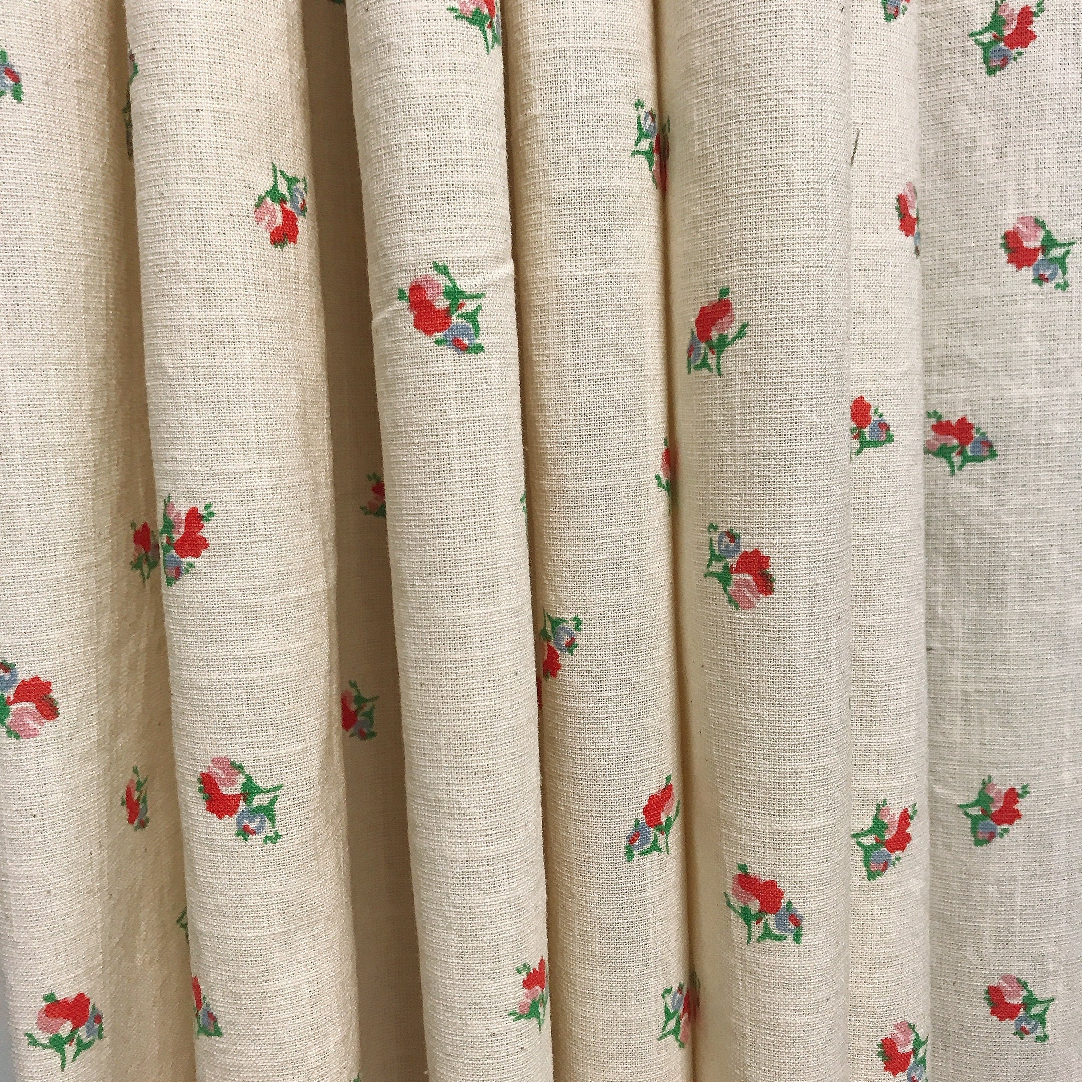 Scarlet Red Pink Tiny Floral Curtain on Natural Beige Drapery