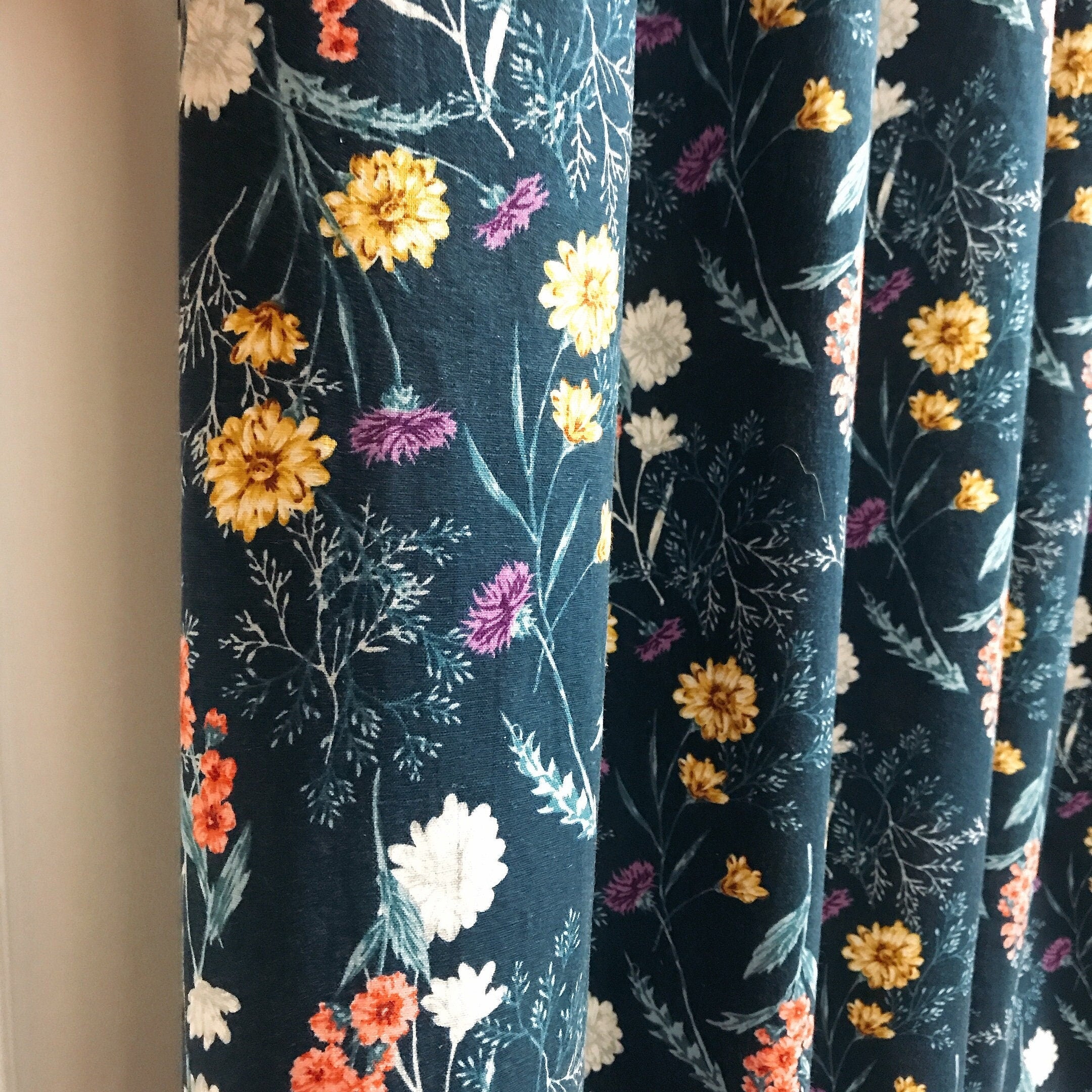 Wild Flowers Curtain on Navy Blue