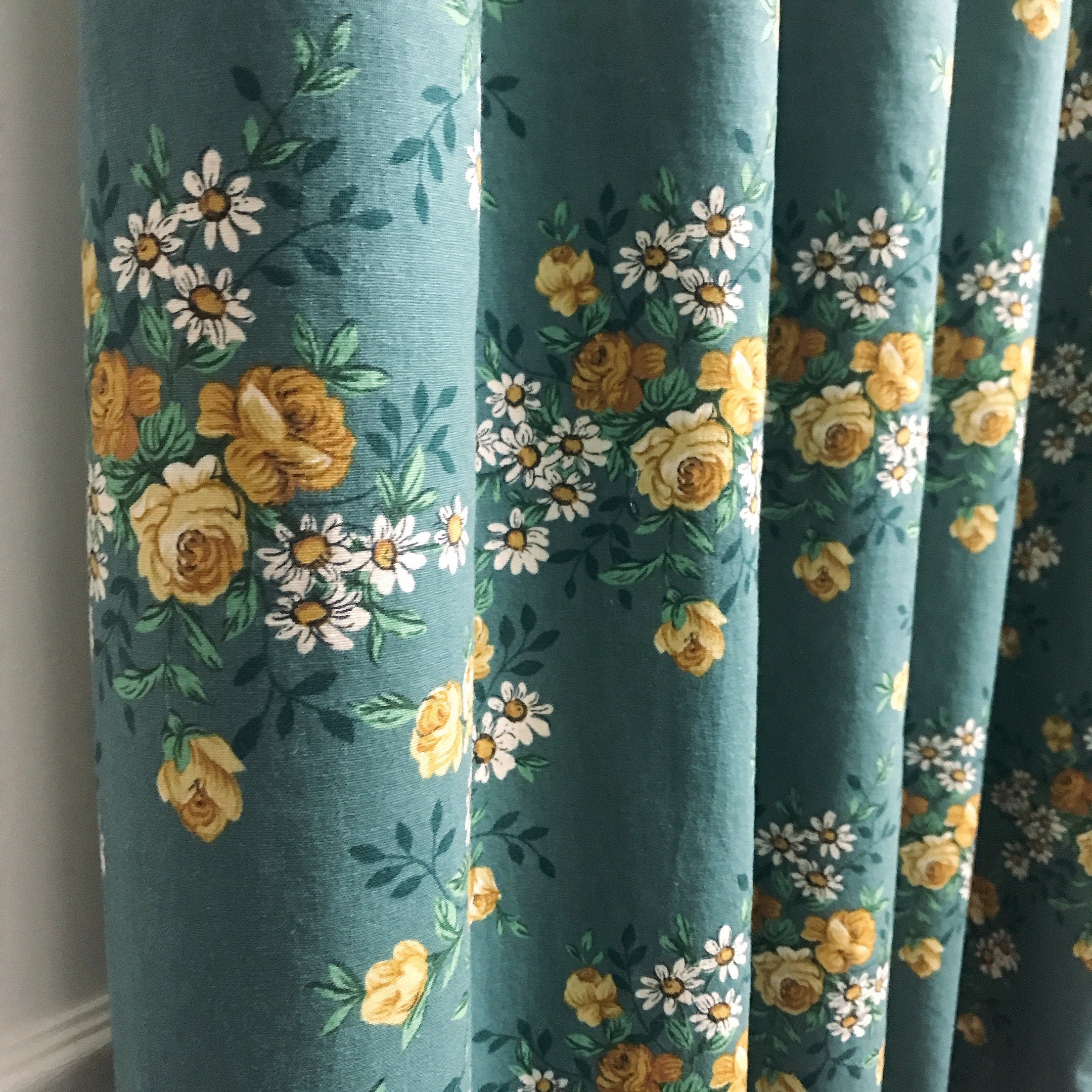 Light Mustard Floral Curtain on Teal