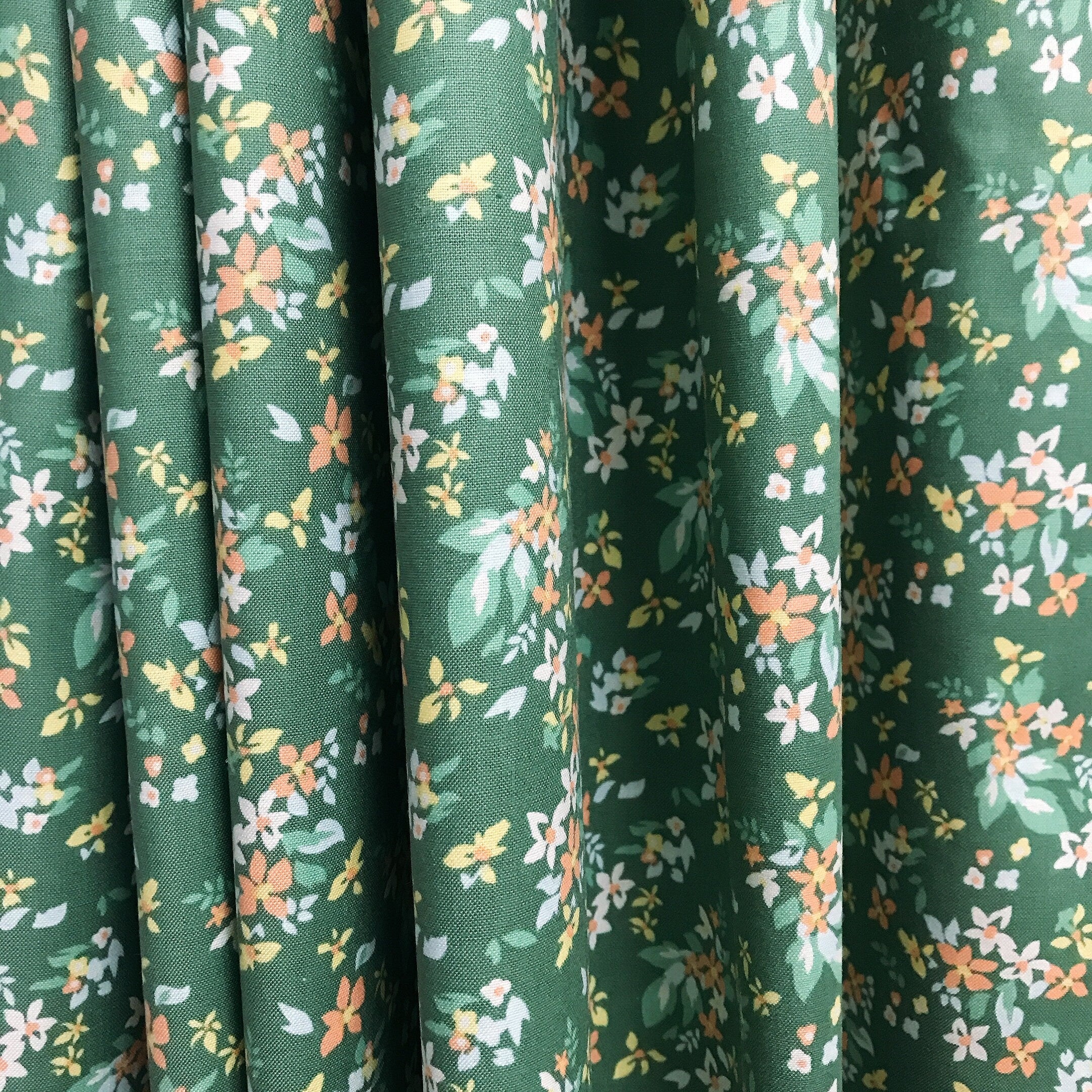 Peach and Yellow Micro Floral Curtain on Light Olive