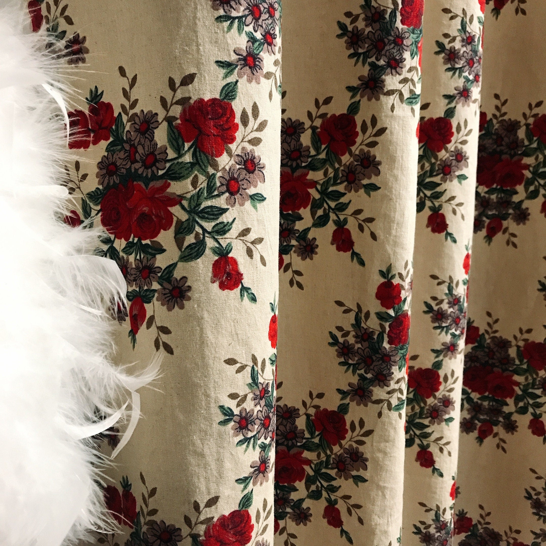 Dark Red Floral Curtain on Natural Beige