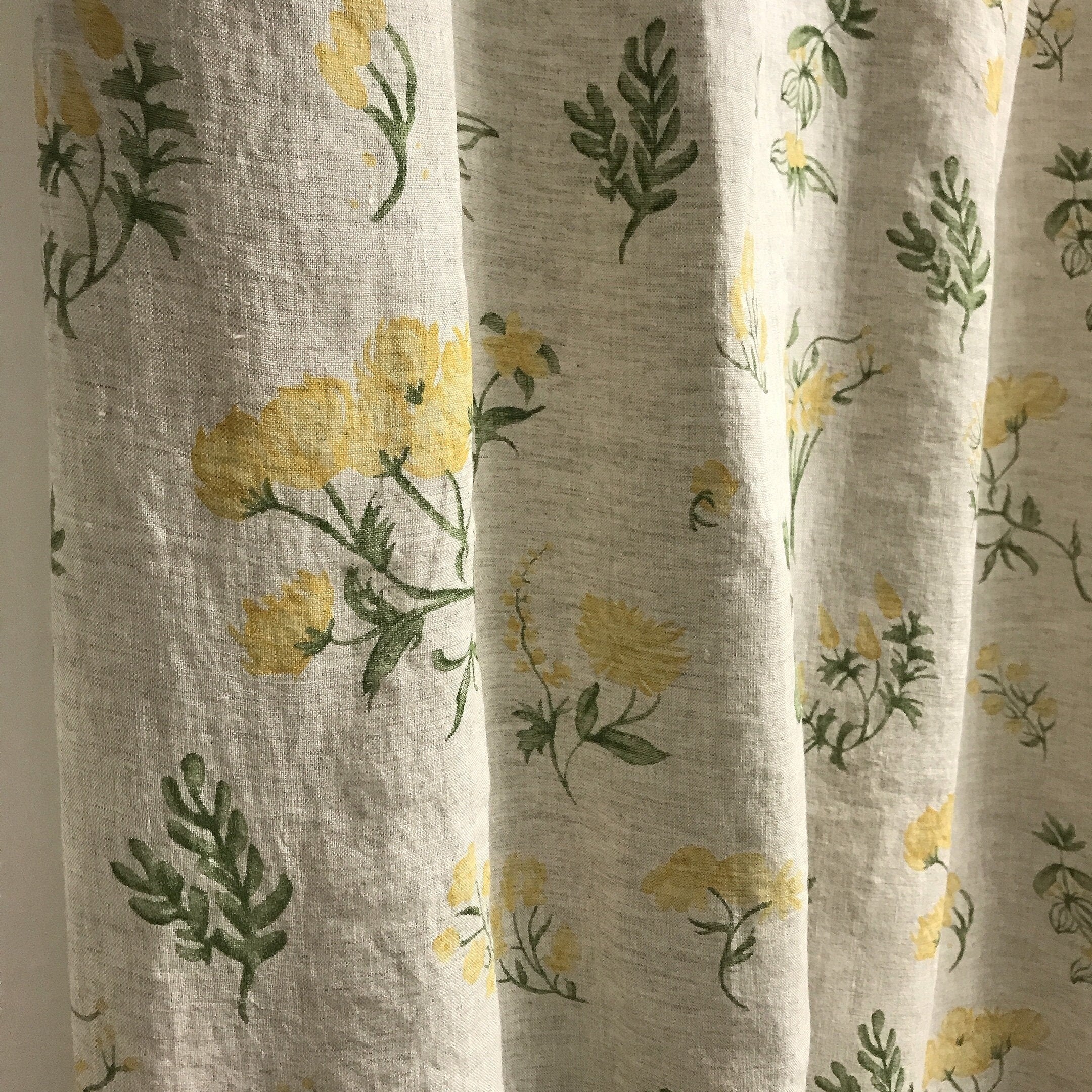 Pale Yellow Floral Curtain on Soft Light Melange