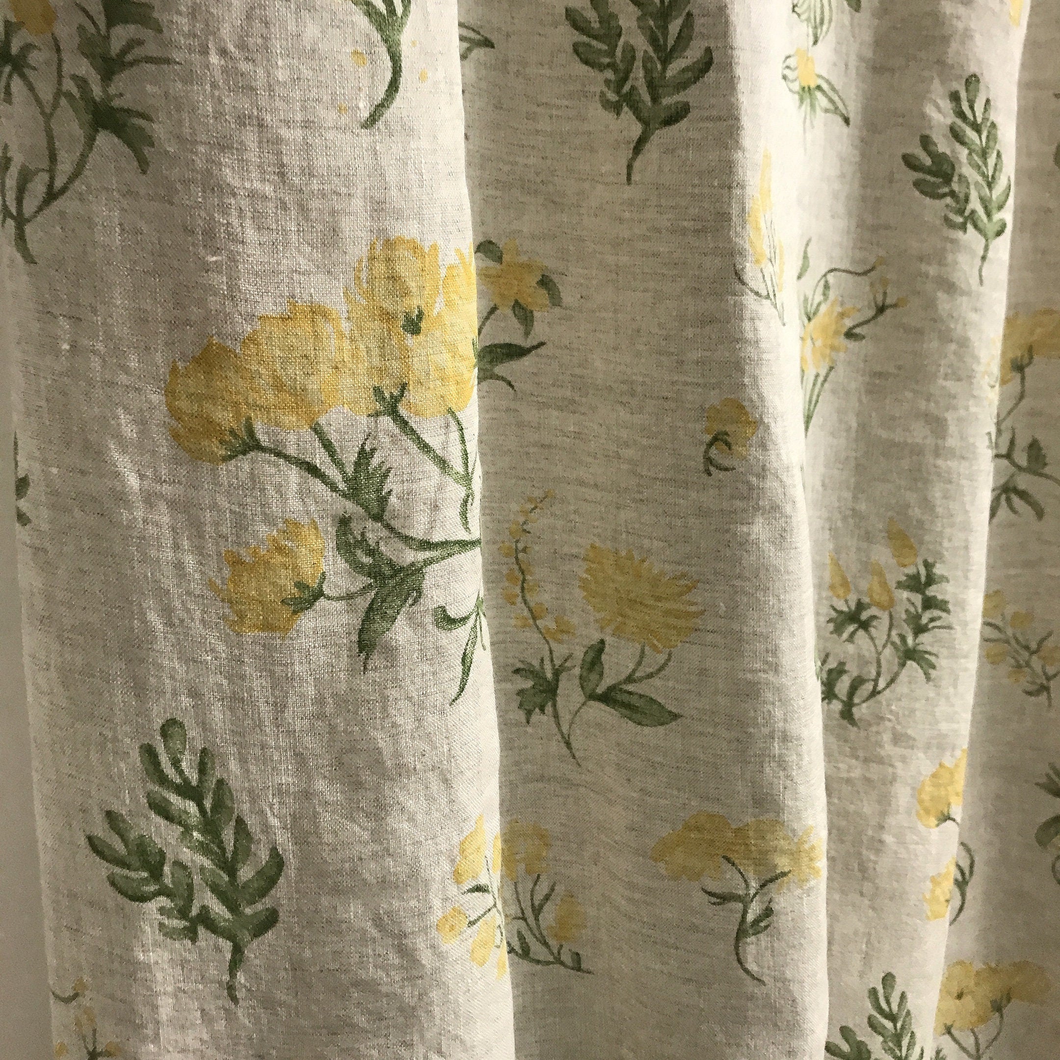 Pale Yellow Floral Curtain on Soft Light Melange