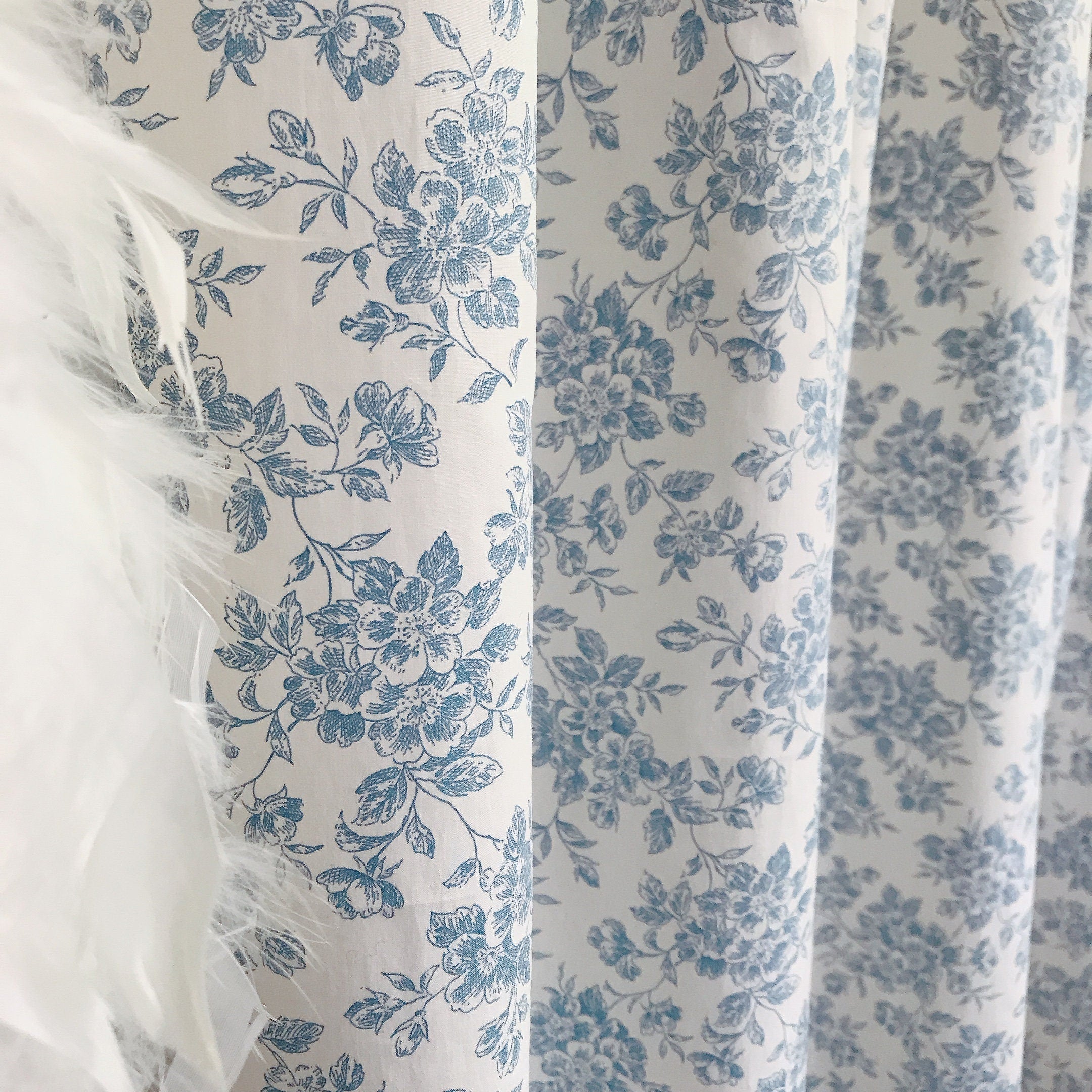 Blue Floral Curtain on Ivory