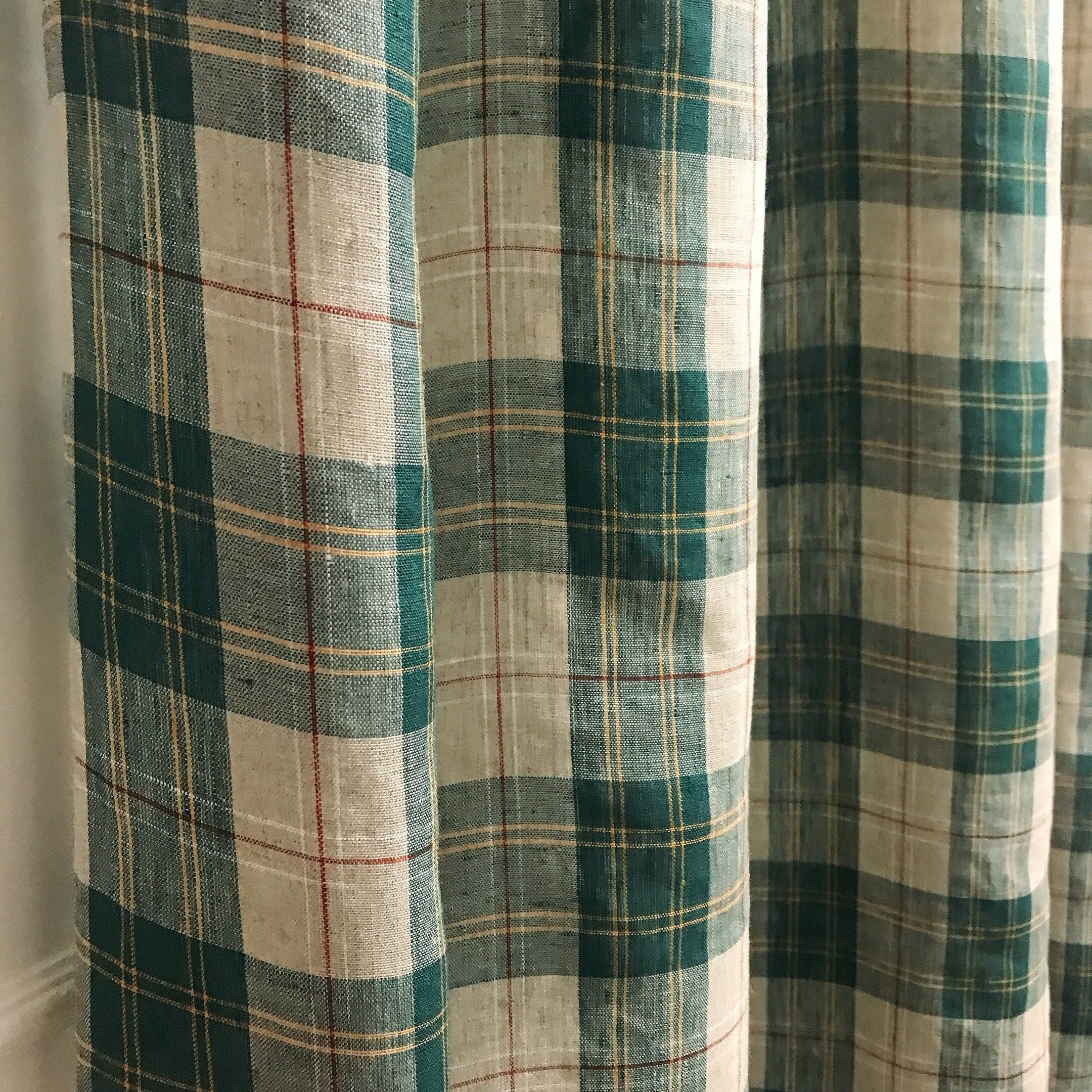 Teal Green Red Plaid Curtain on Natural Beige