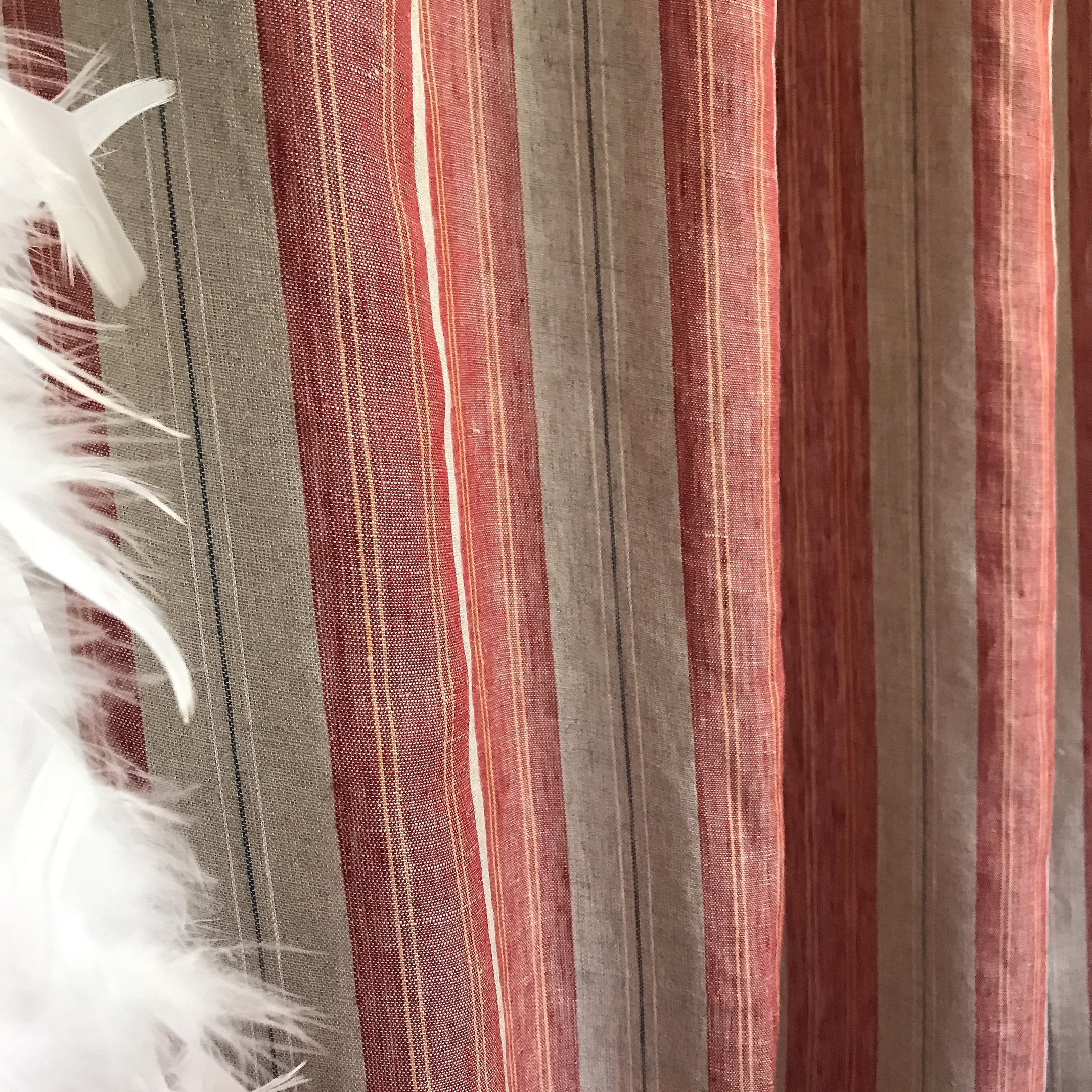 Red and Yellow Vertical Stripe Linen Curtain on Natural Beige with Orange Accents