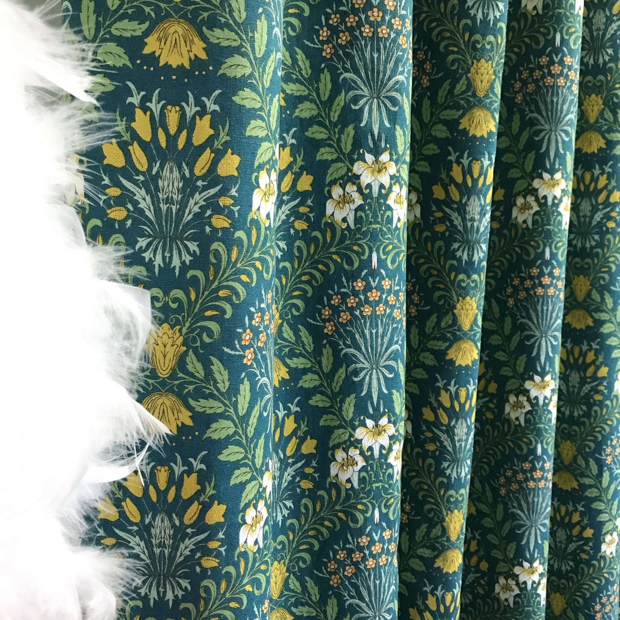 Mustard Floral Botanical Curtain on Teal Green