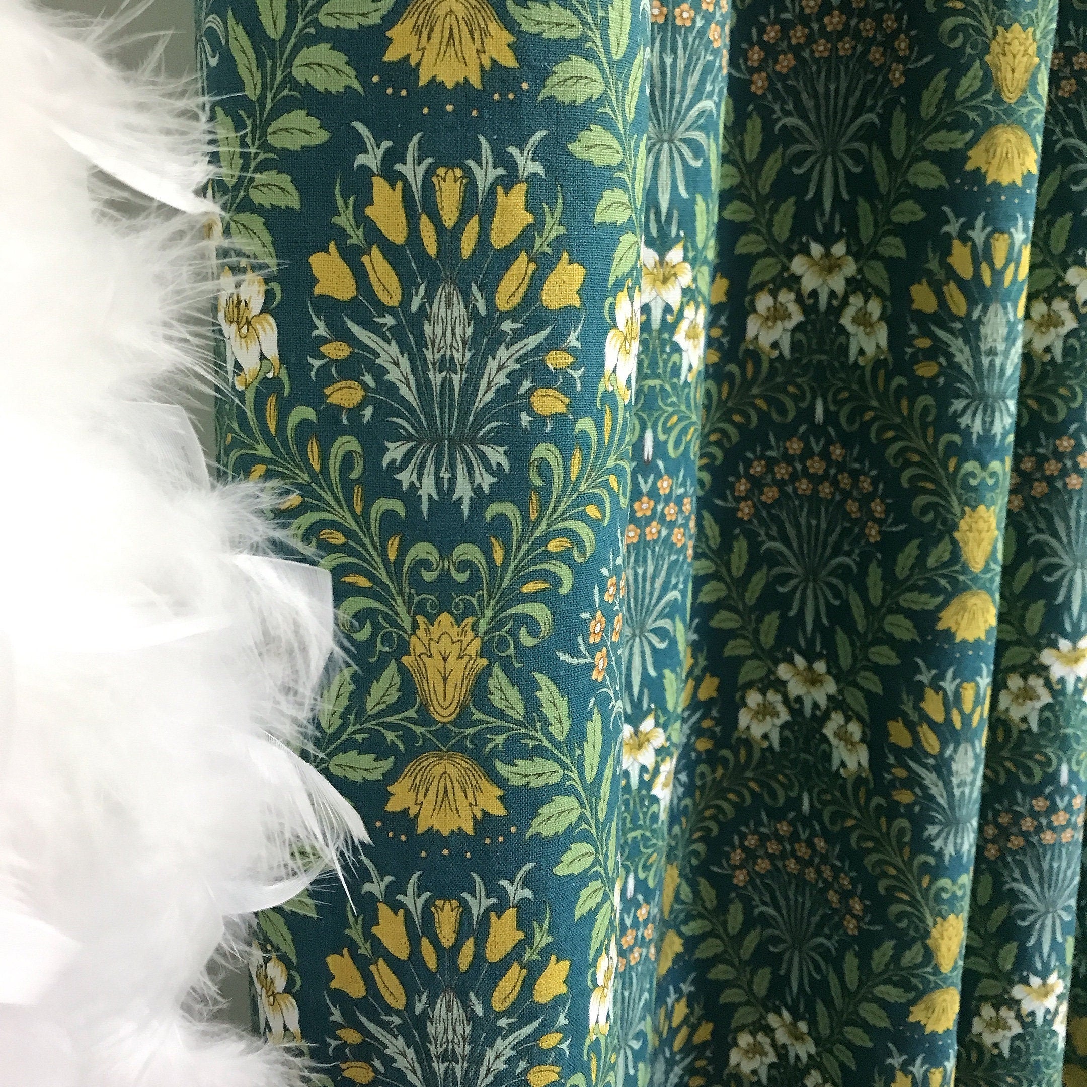 Mustard Floral Botanical Curtain on Teal Green