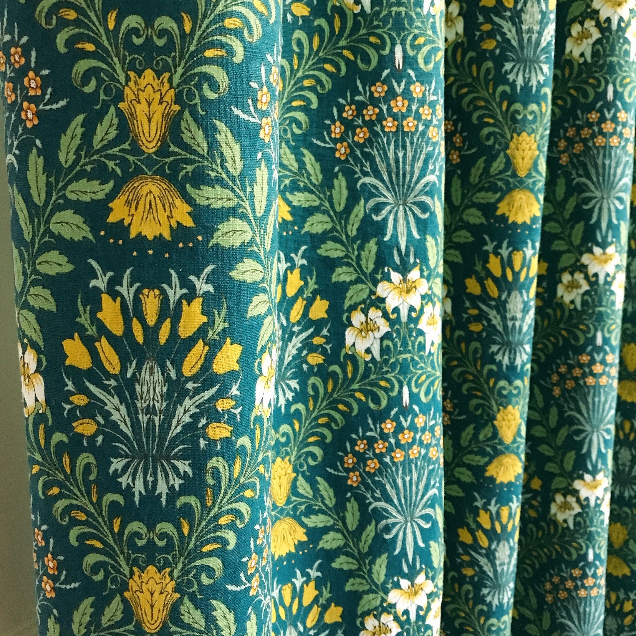 Mustard Floral Botanical Curtain on Teal Green